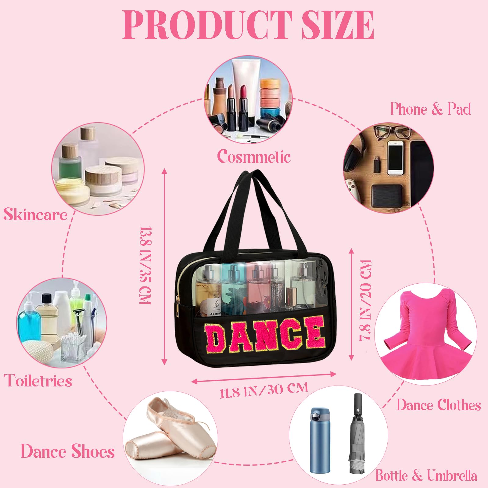 Kovewon clear dance makeup bag showing contents with visibility and easy access