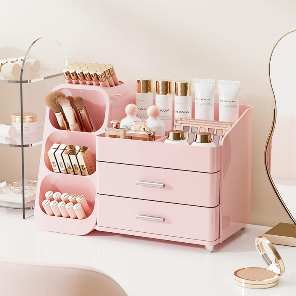 KQJS makeup organizer front view shows clear drawers for quick access and organization.