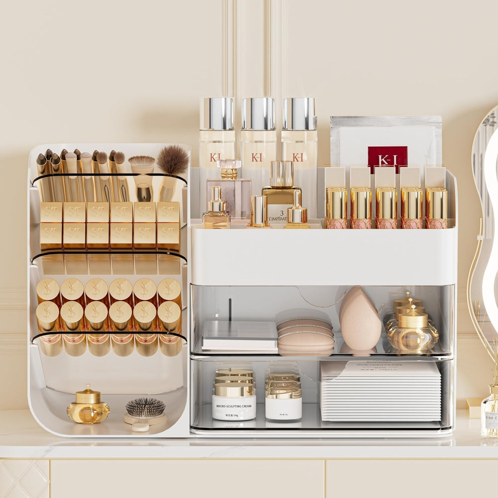 KQJS makeup organizer drawers open drawers shows easy access to daily essentials.