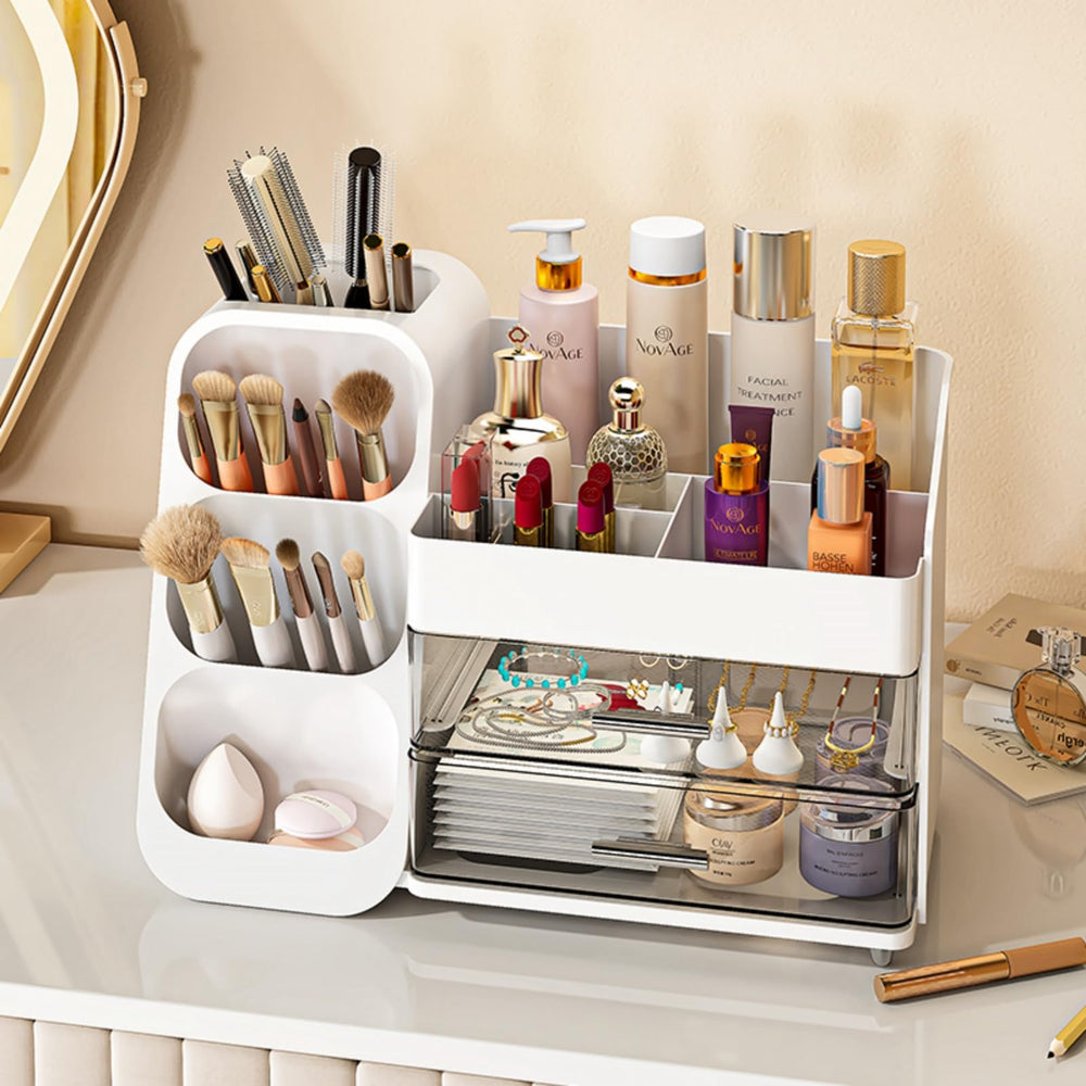 KQJS makeup organizer silver handle non-slip feet ensure stable placement.