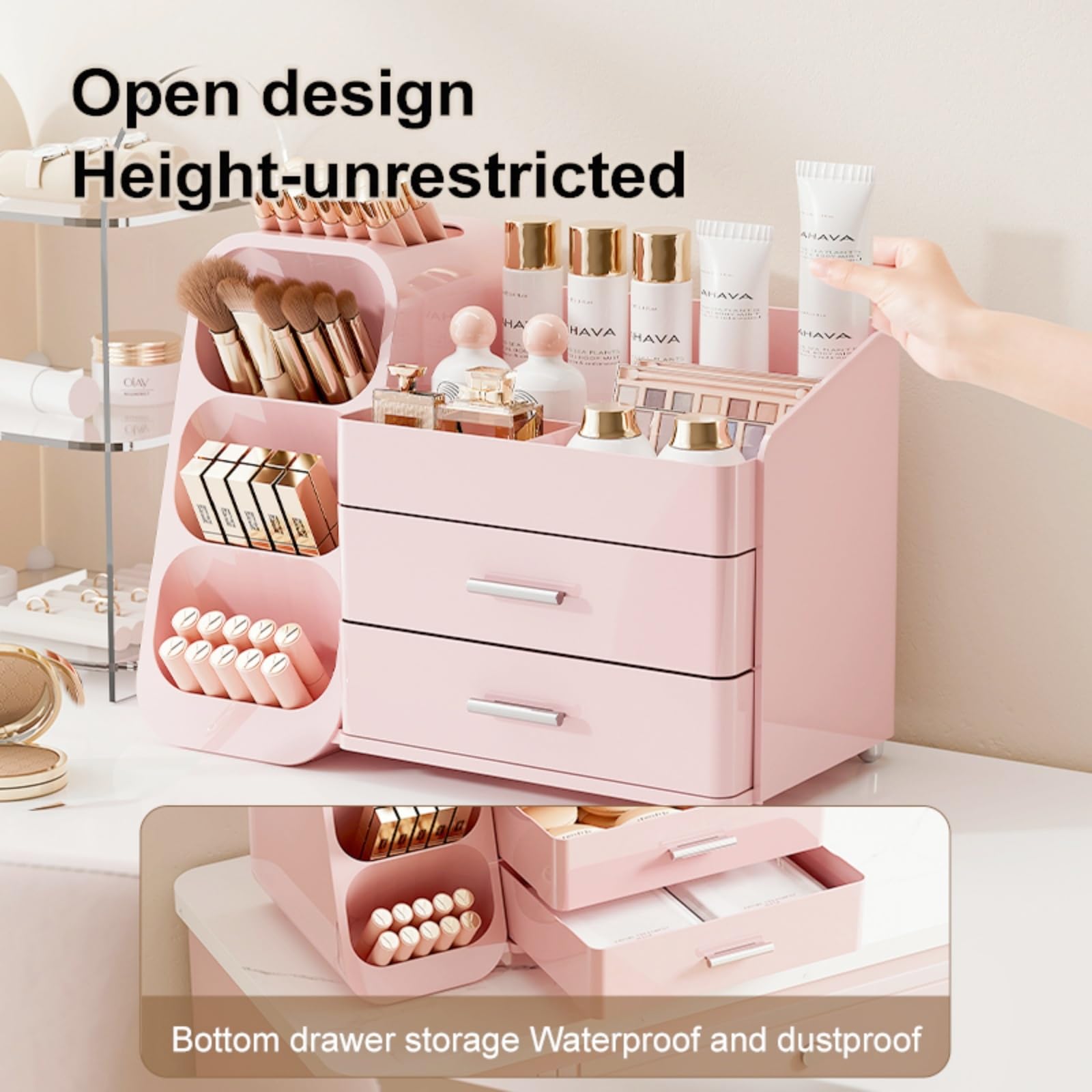 KQJS makeup organizer three-layer storage maximizes tall bottle accommodation and small items.