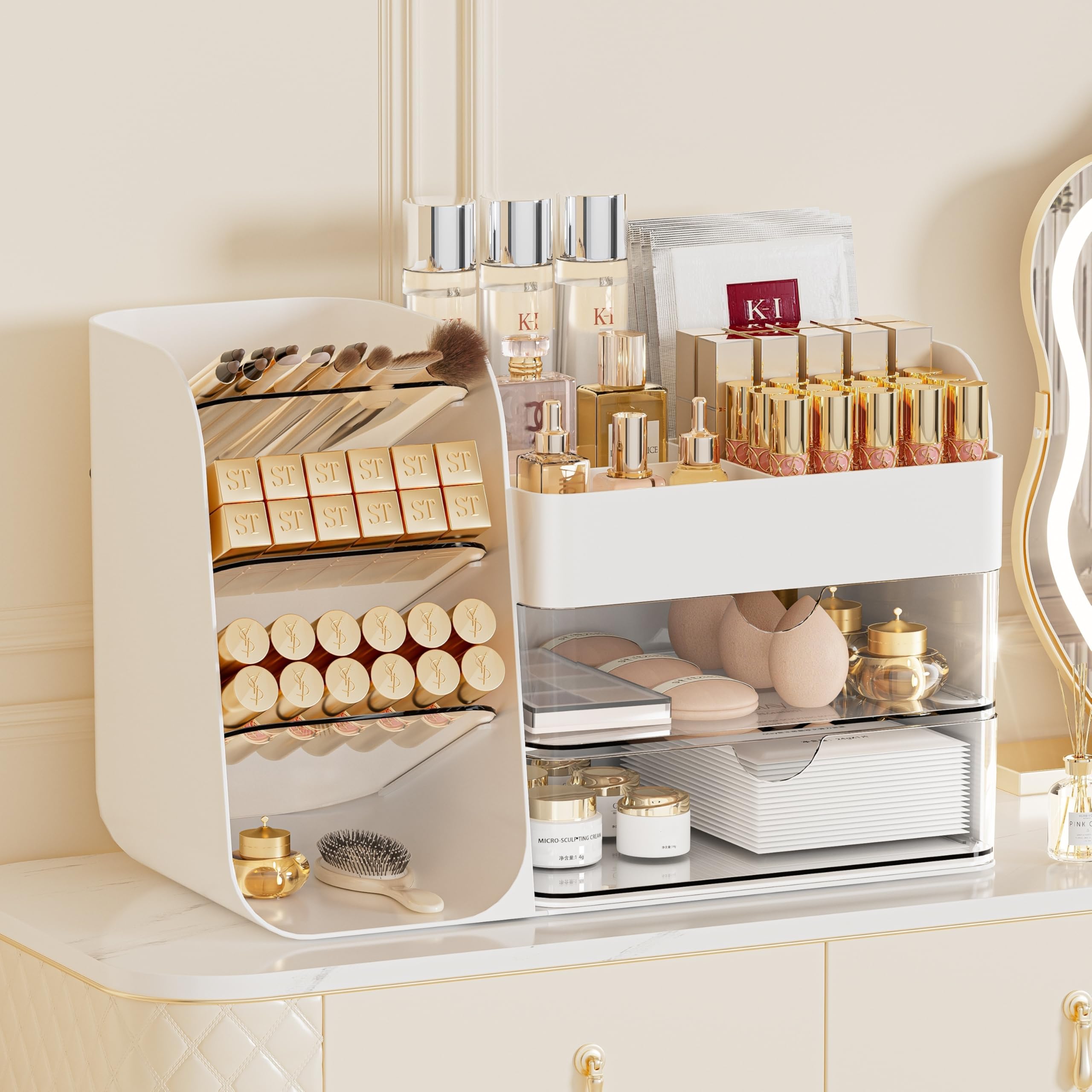 KQJS makeup organizer top view highlights compact footprint with high storage capacity.