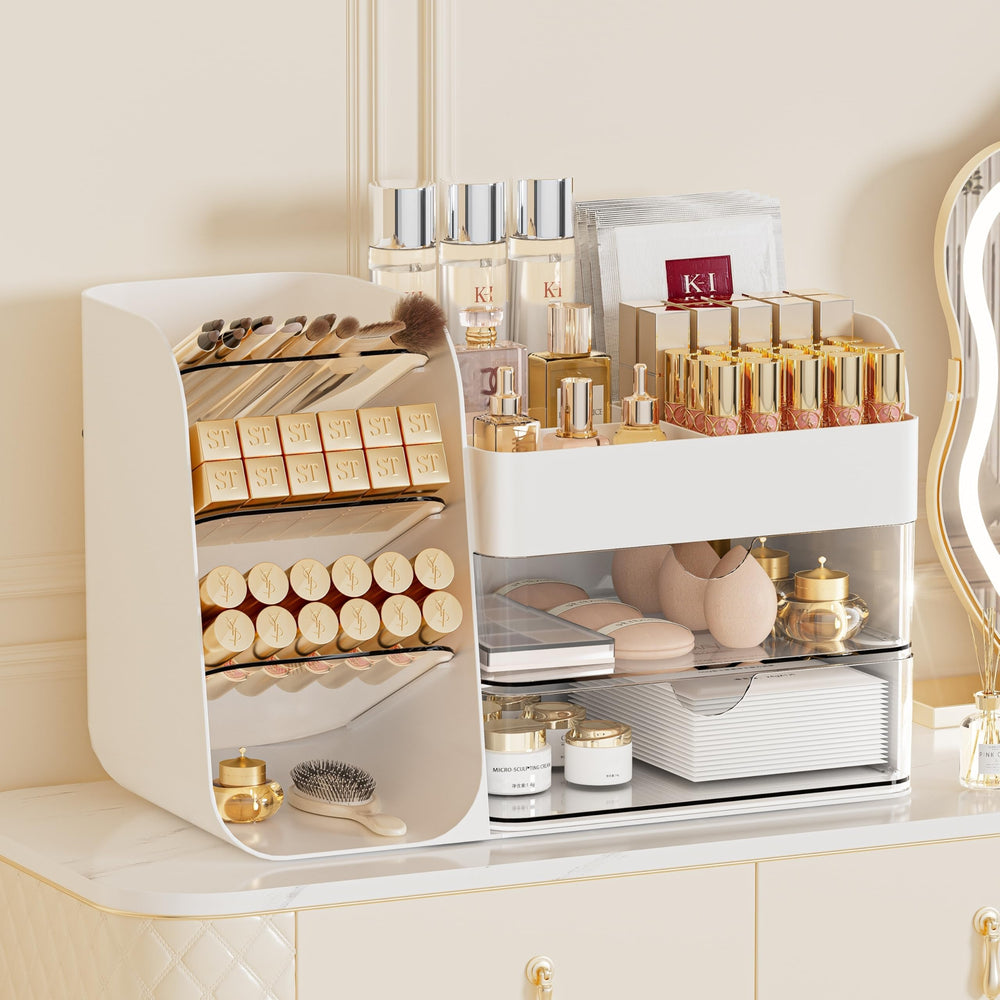 KQJS makeup organizer top view highlights compact footprint with high storage capacity.