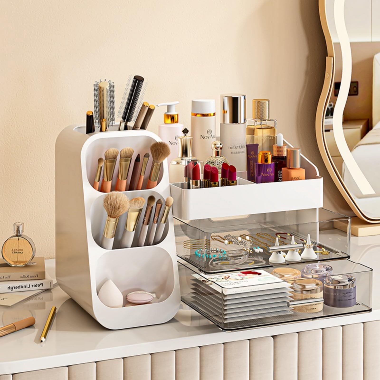 KQJS makeup organizer vanity setup keeps cosmetics neatly arranged on desk.