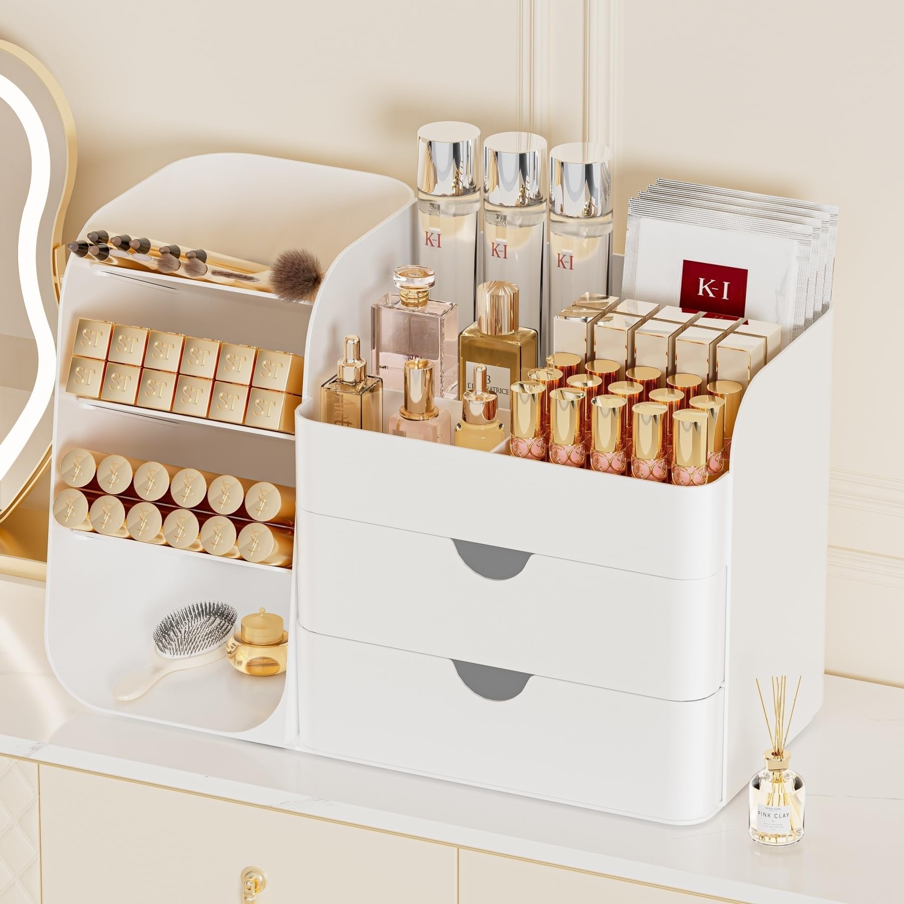 KQJS Makeup Organizer vertical design saves counter space on vanity.