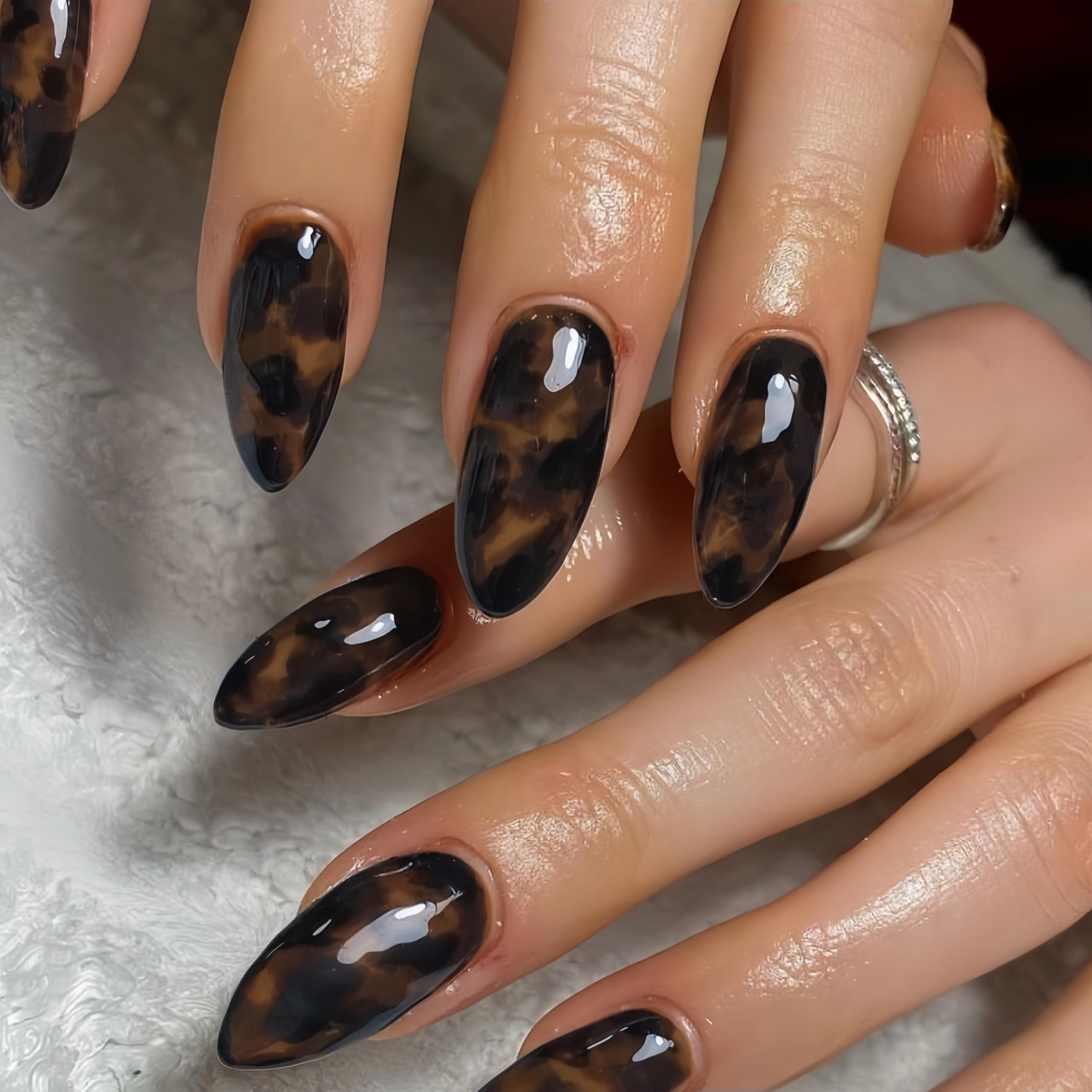 KQueenest brown almond medium leopard press-on nails quick stylish manicure at home