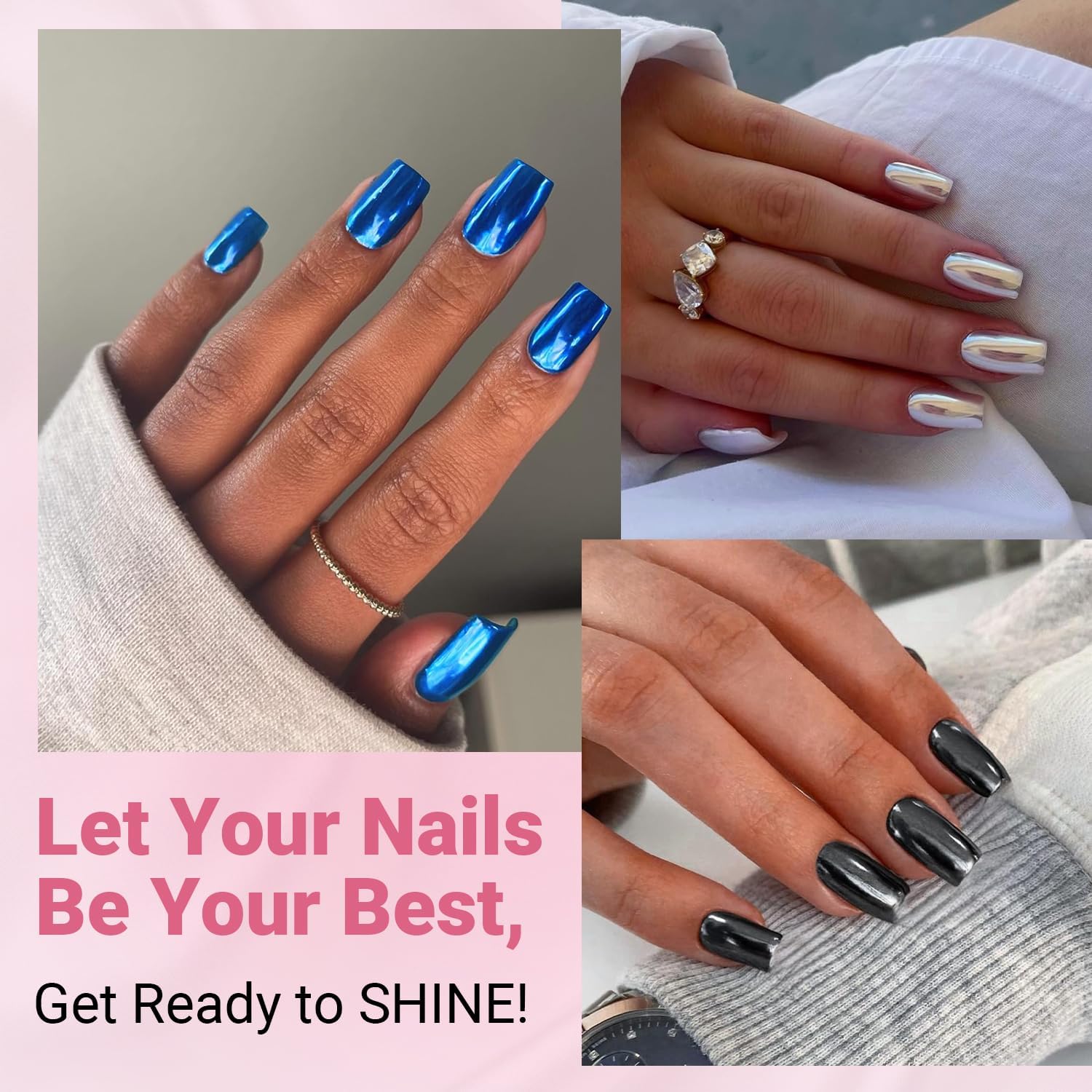KQueenest chrome press on nails color variety pack display