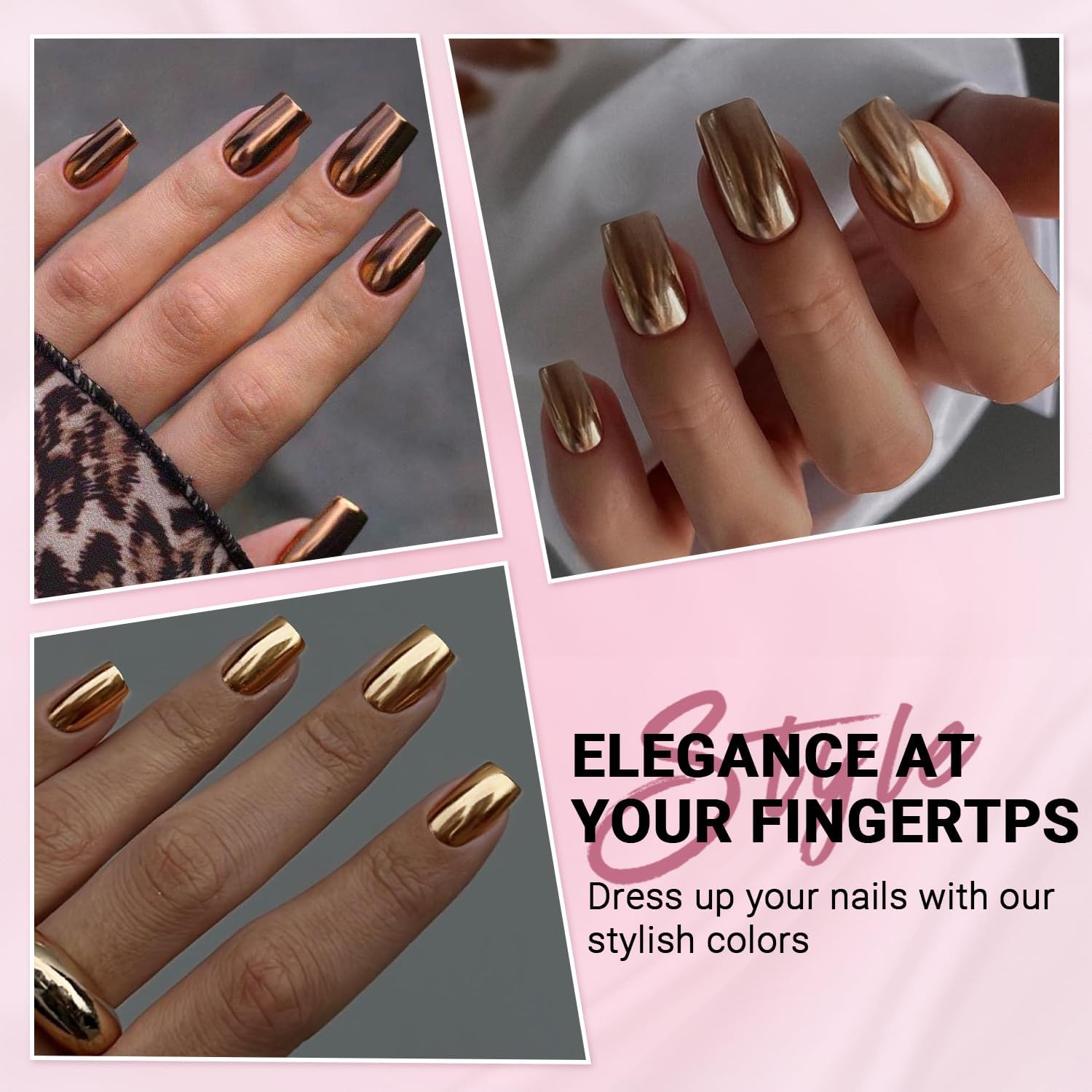 KQueenest chrome press on nails glitter closeup showing shine