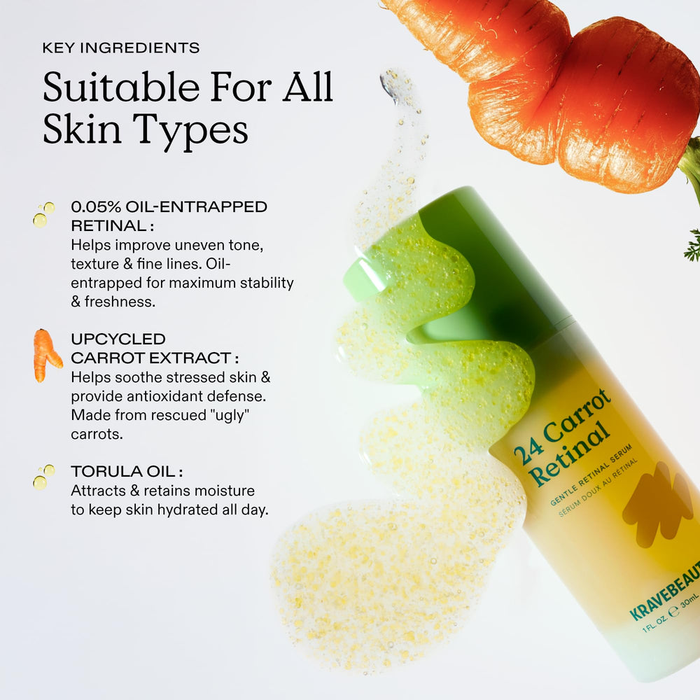 KraveBeauty 24 Carrot Retinal ingredients feature upcycled carrot extract for gentle nourishment.