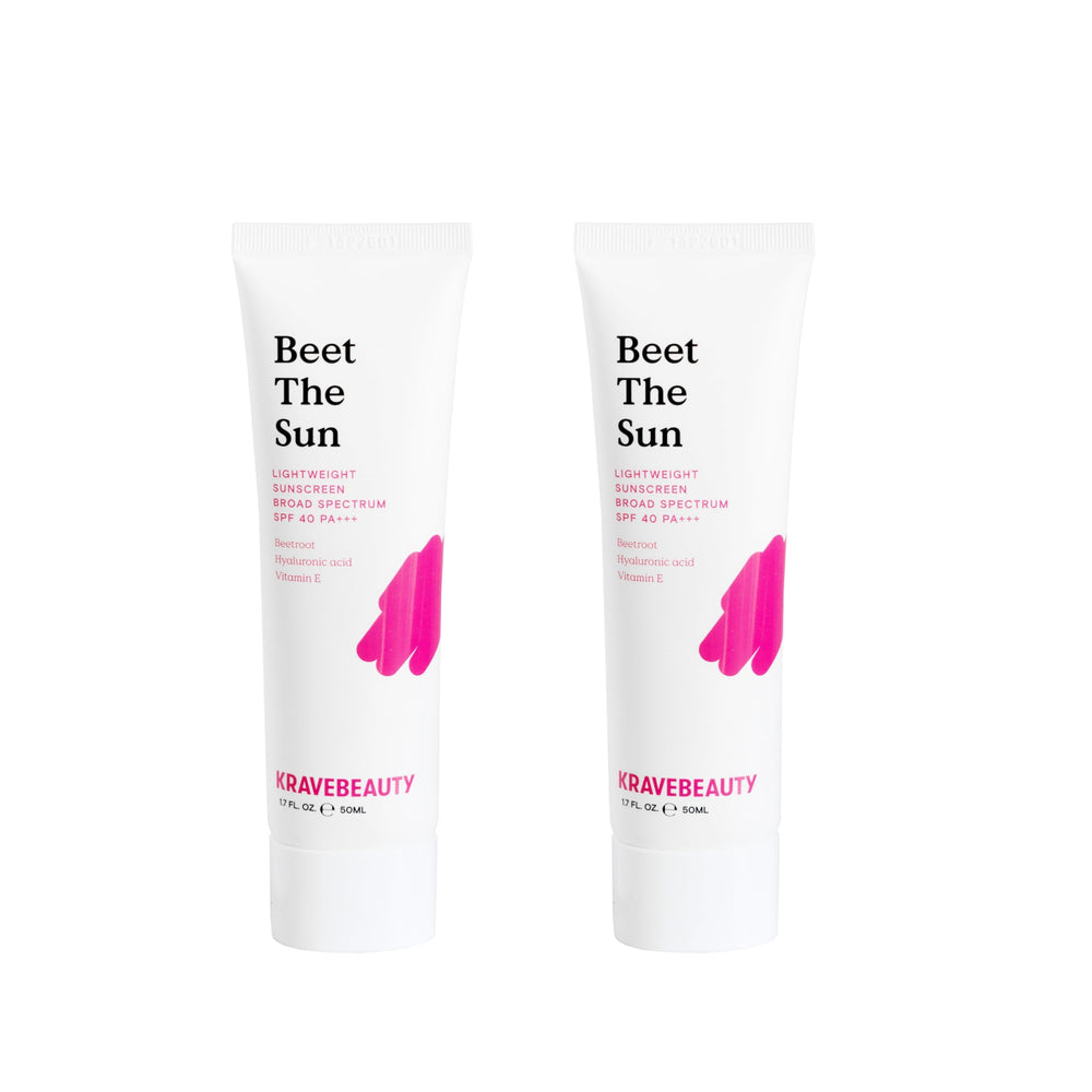 KraveBeauty Beet The Sun SPF 40 Duo box packaging showcases vegan daily sunscreen protection