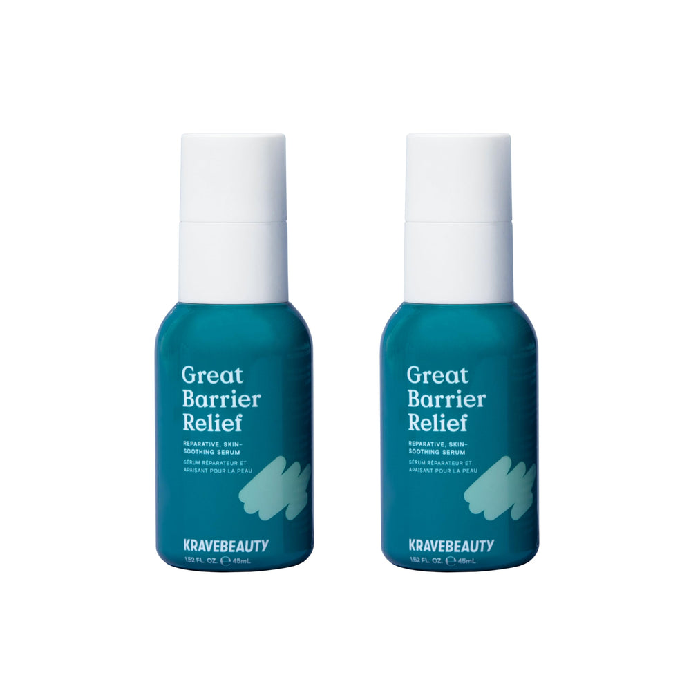 KraveBeauty Great Barrier Relief Serum Duo bottle-front promotes soothing hydration for sensitive skin