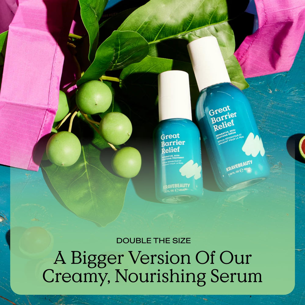 KraveBeauty Jumbo Great Barrier Relief Serum daily-use routine for calmer, comfortable skin