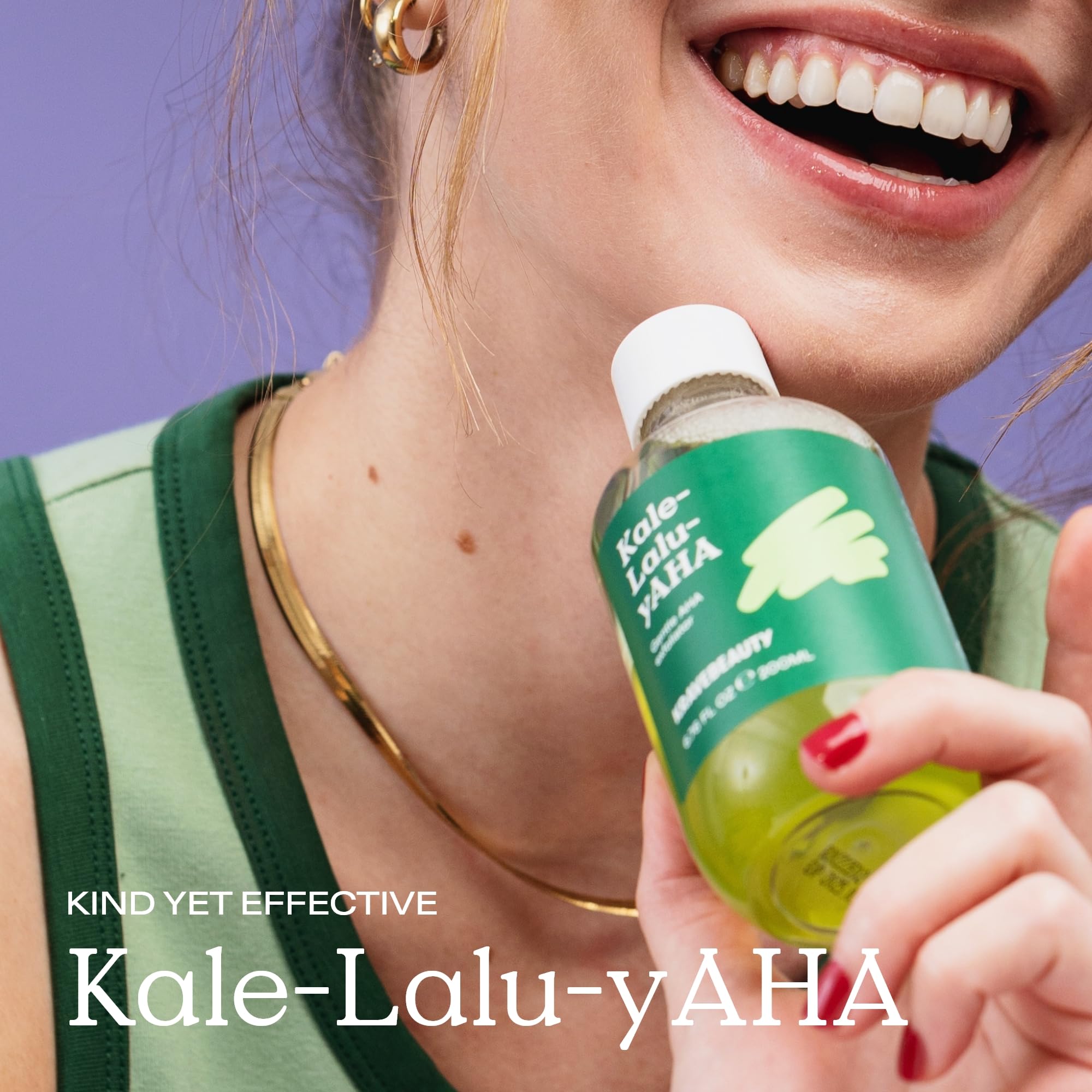 KraveBeauty Kale-Lalu-yAHA application on fingertips emphasizes even toned, hydrated skin.