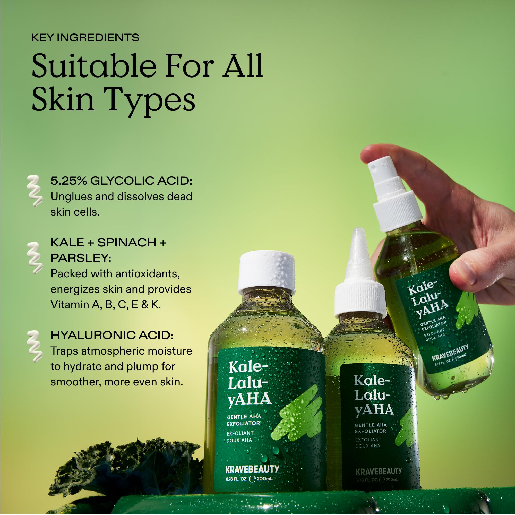 KraveBeauty Kale-Lalu-yAHA bottle 6.76oz conveys generous hydration.