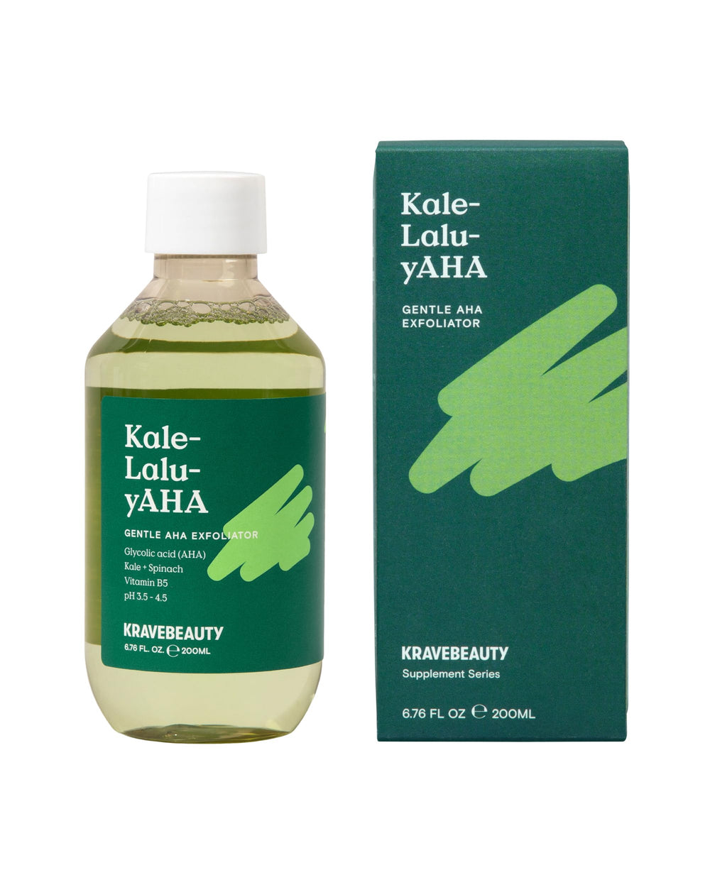 KraveBeauty Kale-Lalu-yAHA bottle closeup highlights gentle exfoliation for smoother skin.