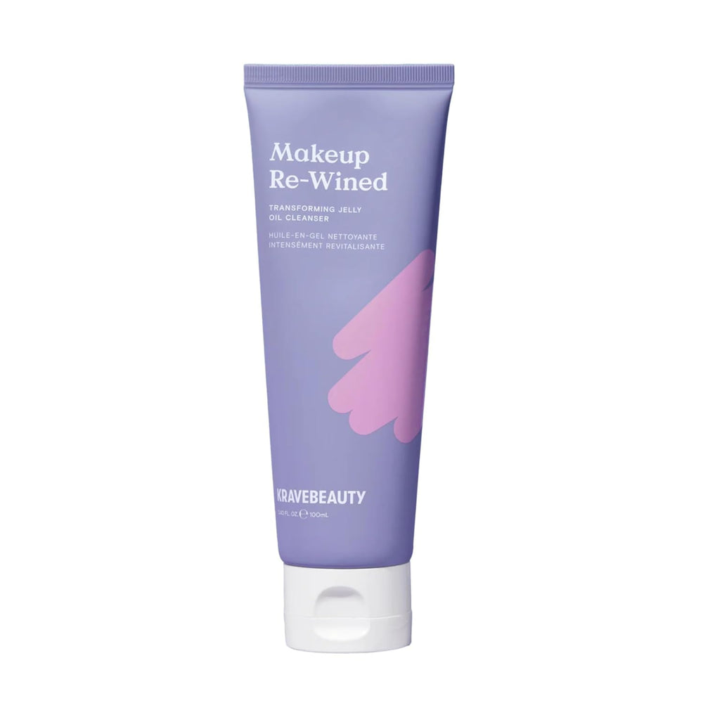 KraveBeauty Makeup Re-Wined cleanser bottle shows jelly oil texture for gentle makeup removal.