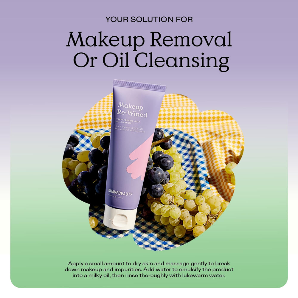 KraveBeauty Makeup Re-Wined upcycled grapeseed oil highlight emphasizes clean ingredients.