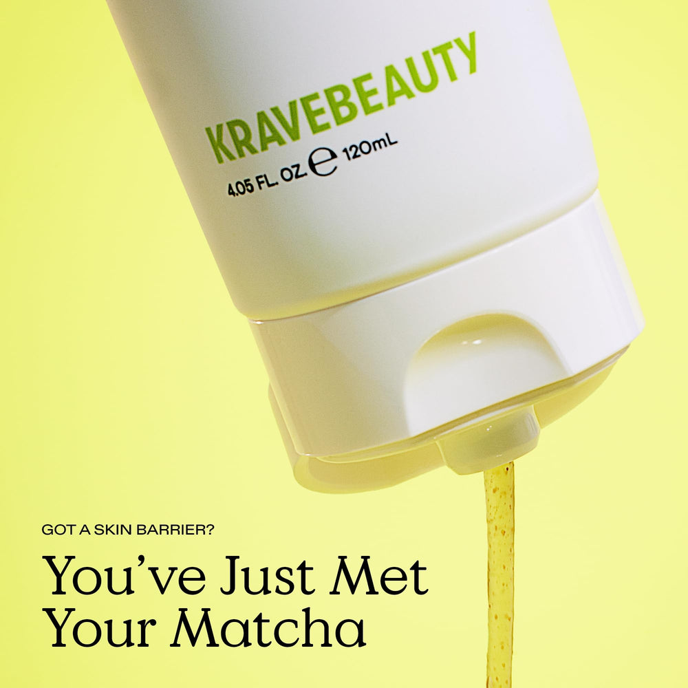 KraveBeauty Matcha Hemp Hydrating Cleanser bottle pour shows gentle, hydrating cleanse in action