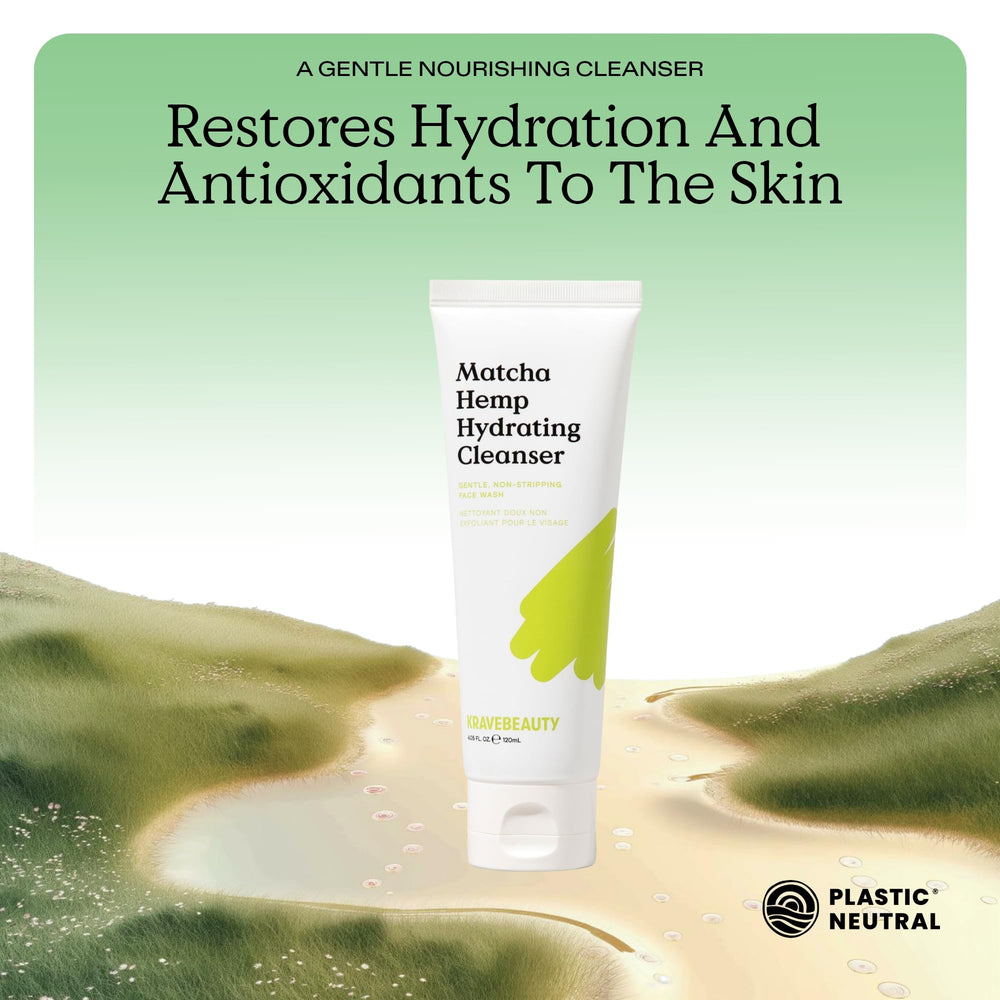 KraveBeauty Matcha Hemp Hydrating Cleanser creamy lather closeup highlights non-stripping, soothing wash