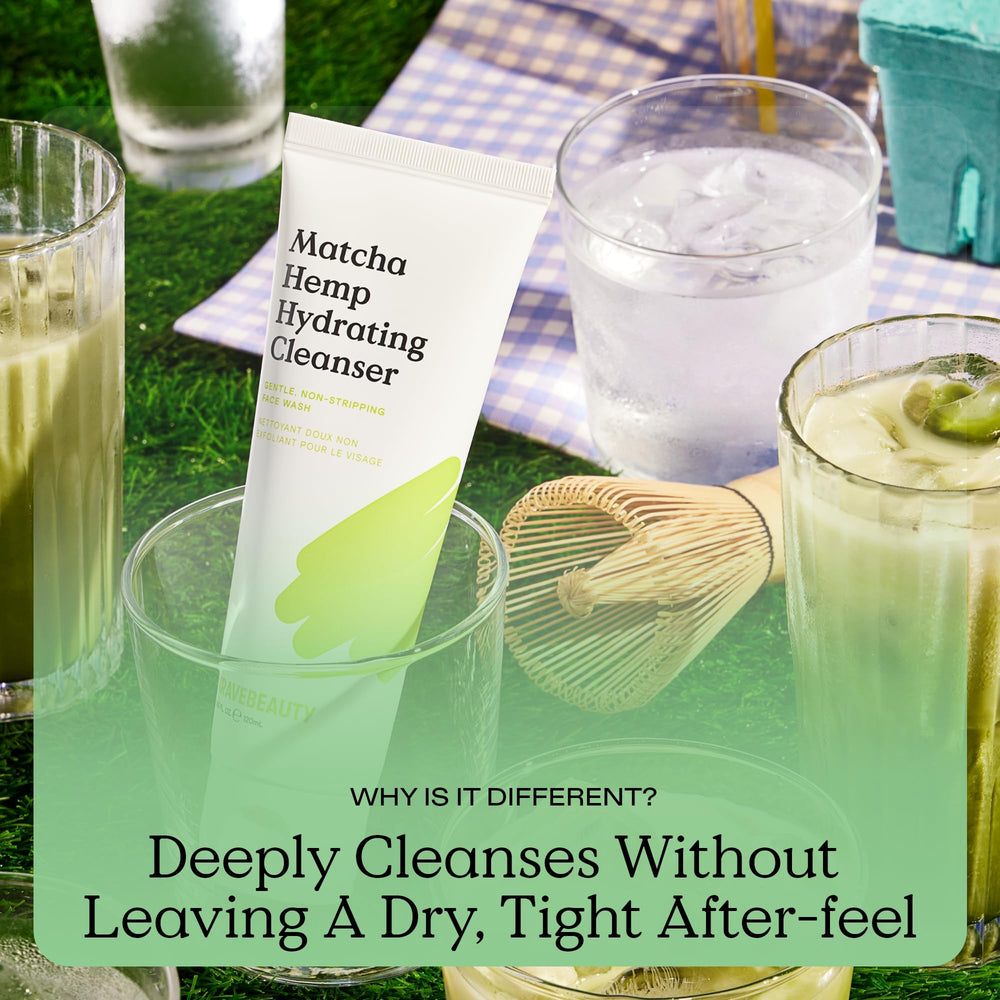 KraveBeauty Matcha Hemp Hydrating Cleanser creamy texture close-up signals a non-stripping formula.