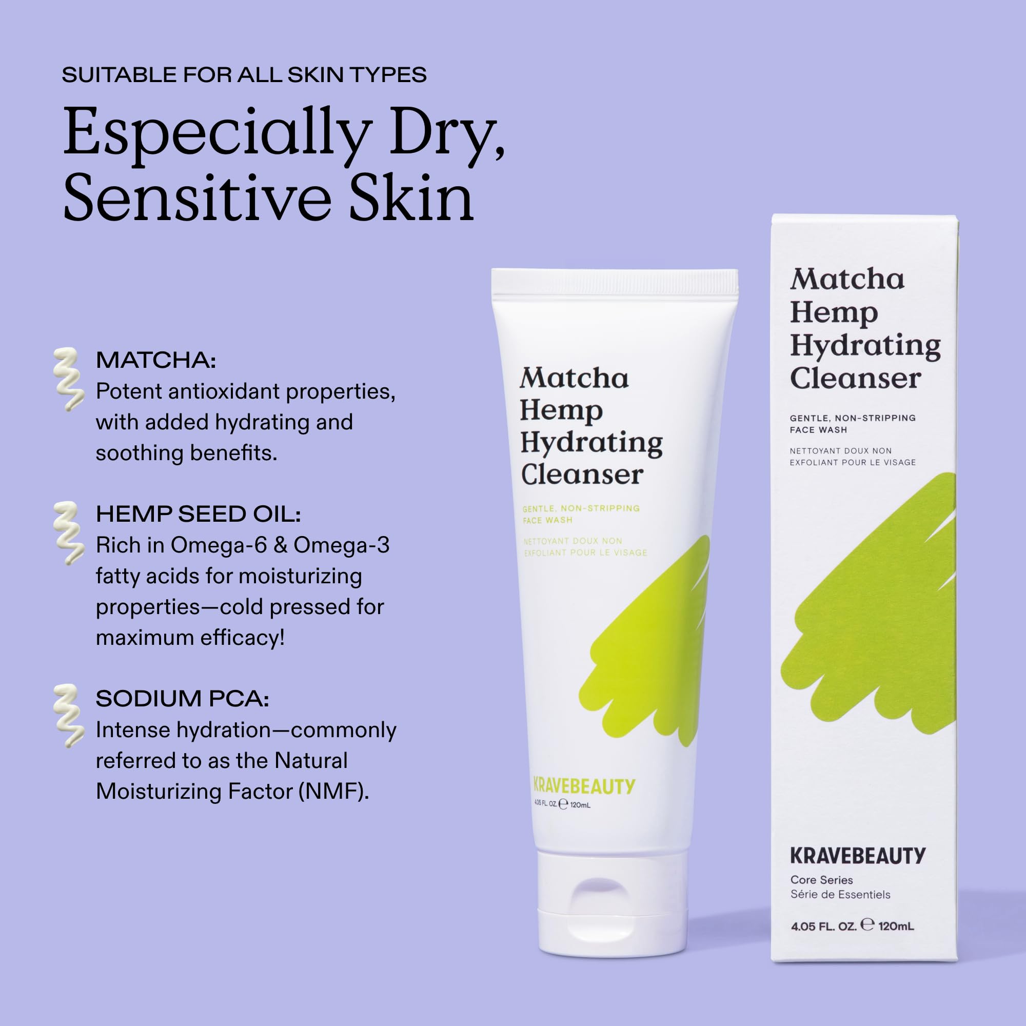 KraveBeauty Matcha Hemp Hydrating Cleanser recyclable packaging emphasizes eco-friendly, cruelty-free brand values.