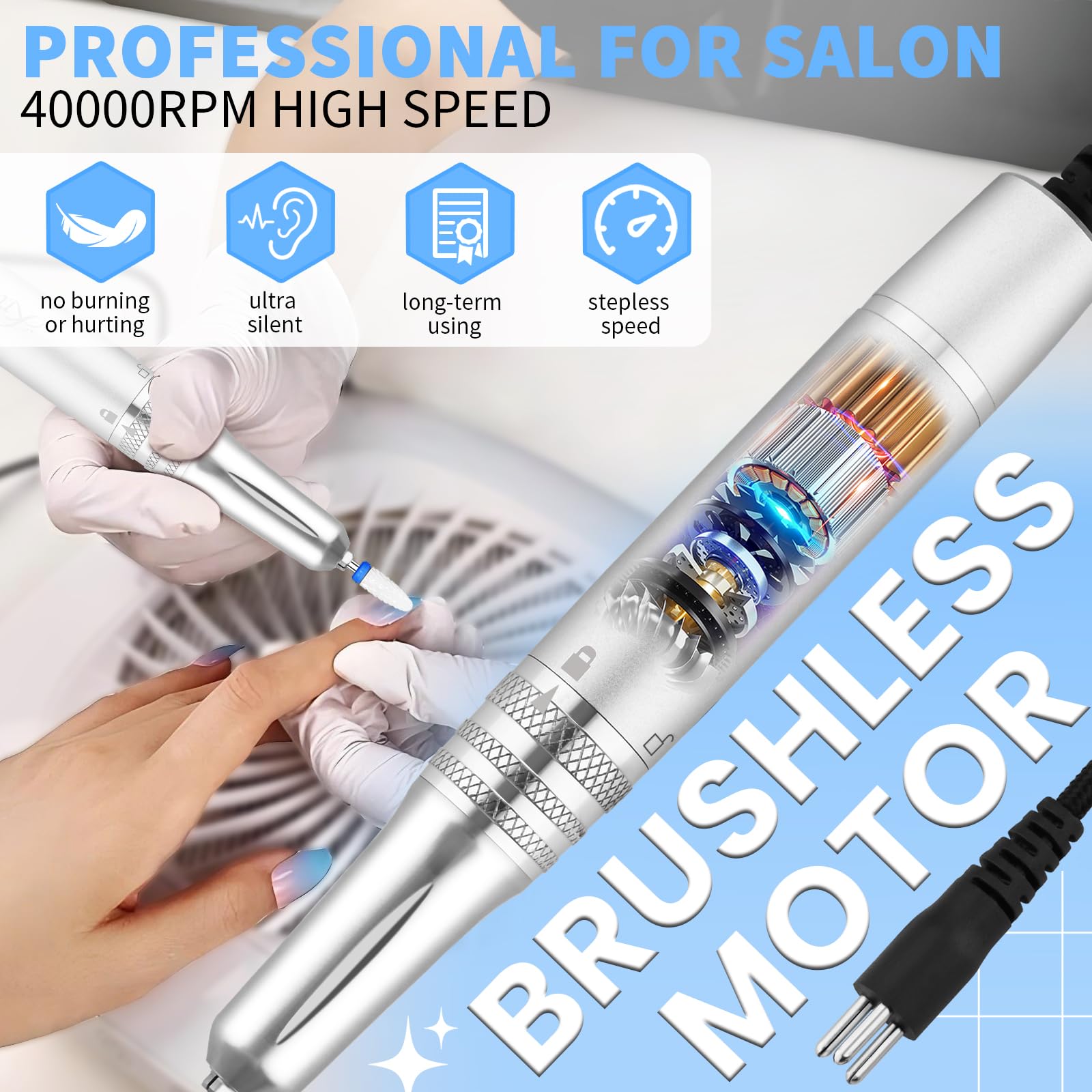 Kredioo 40k rpm nail drill delivering powerful, efficient acrylic removal.