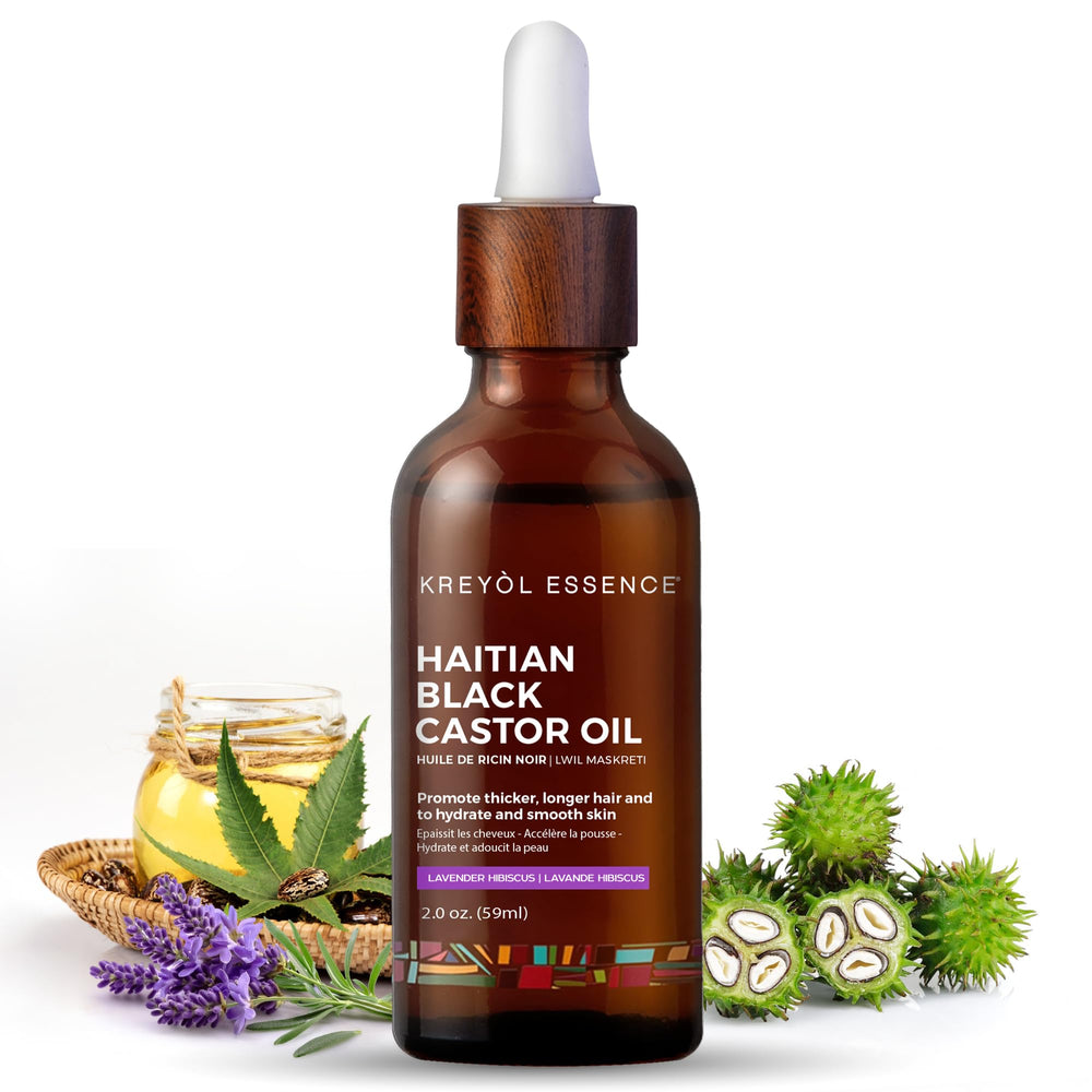 Kreyol Essence Haitian Black Castor Oil in glass bottle for hair and skin nourishment.