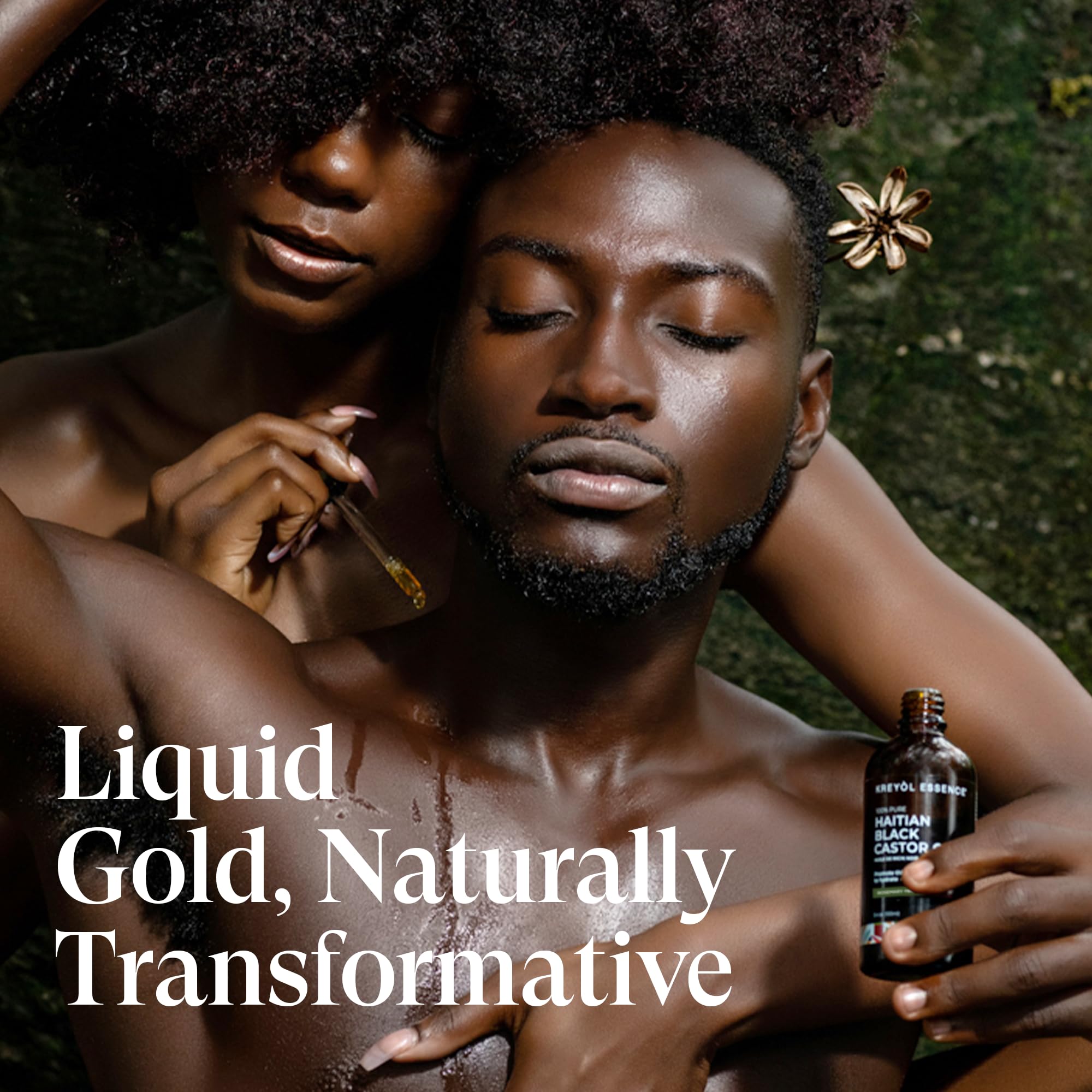 KREYÒL ESSENCE label detail on glass bottle communicates natural, handmade Haitian care.