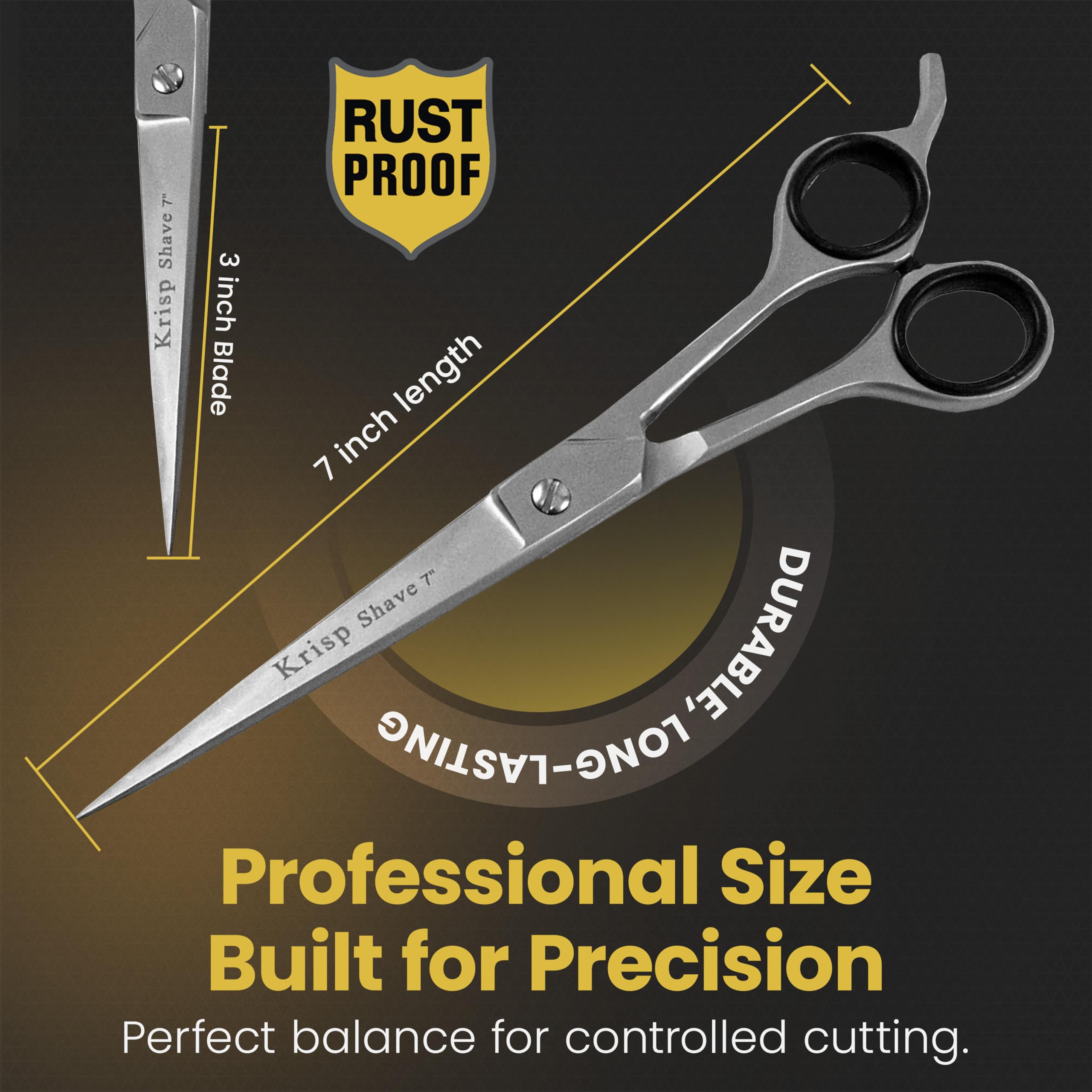 Krisp Shave Japanese stainless steel scissors with textured handle for a comfortable grip.