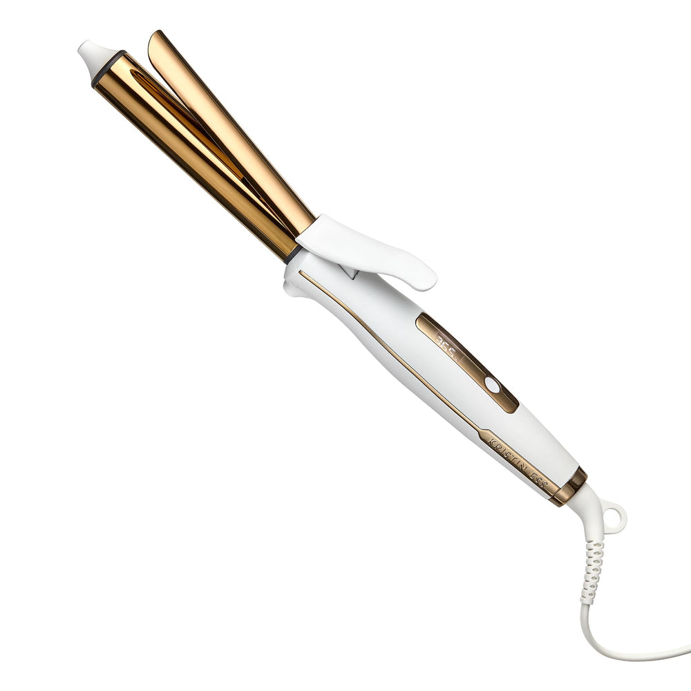 Kristin Ess 1 Inch Titanium Curling Iron creates beachy waves with glossy shine.
