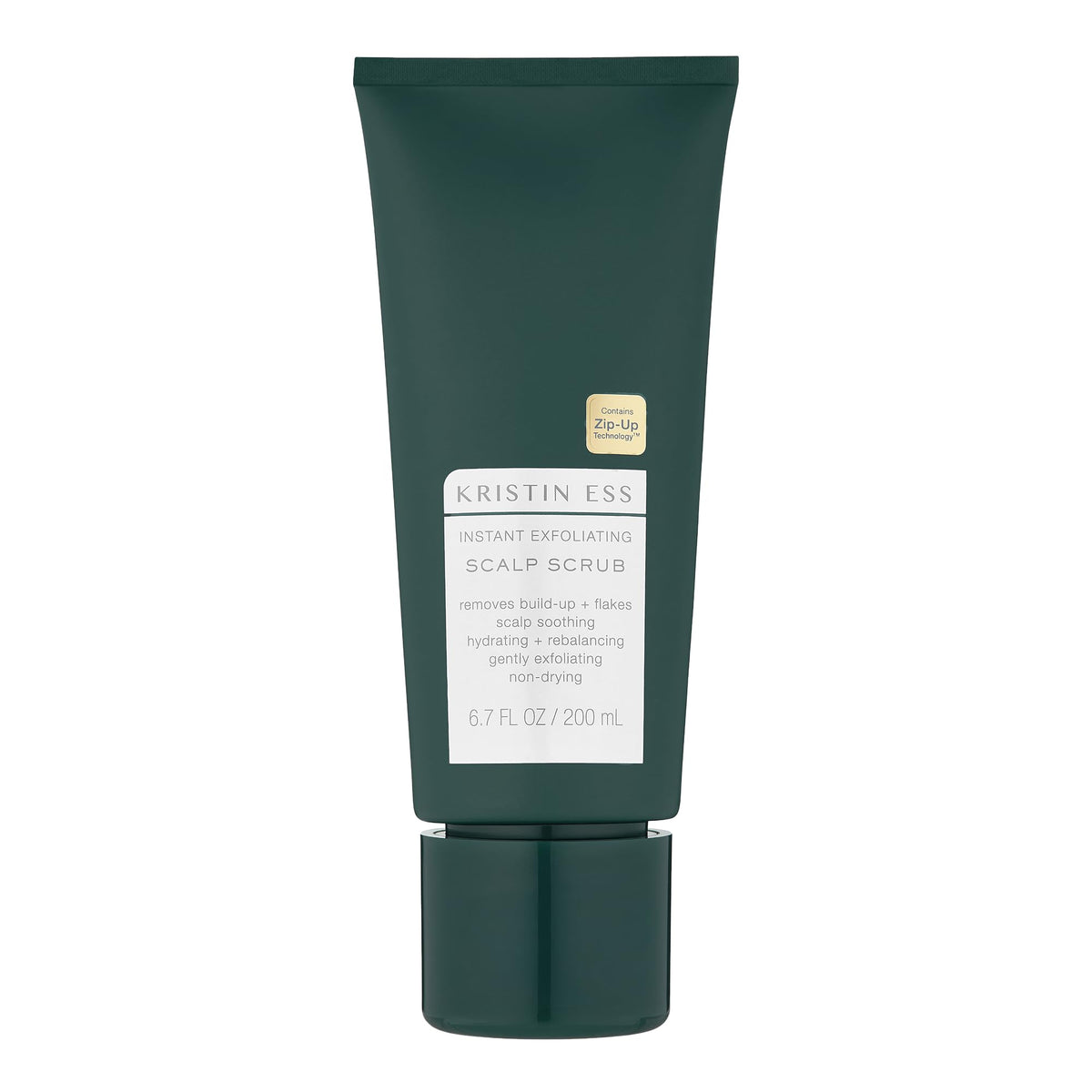 Kristin Ess Instant Exfoliating Scalp Scrub bottle closeup highlighting cleansing benefits for buildup