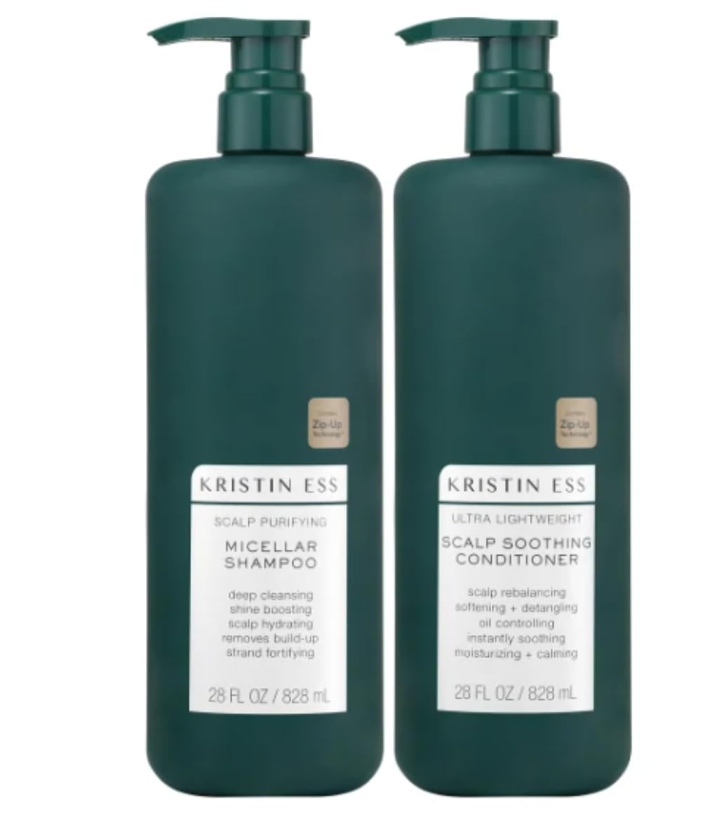 Kristin Ess Scalp Purifying Micellar Shampoo bottle delivers a refreshing scalp cleanse for all hair types.