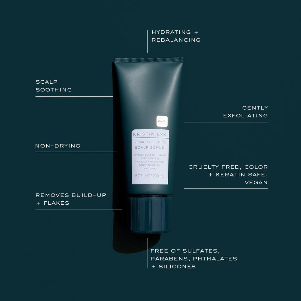 Kristin Ess scalp scrub application on scalp shows direct-use for detox and balance