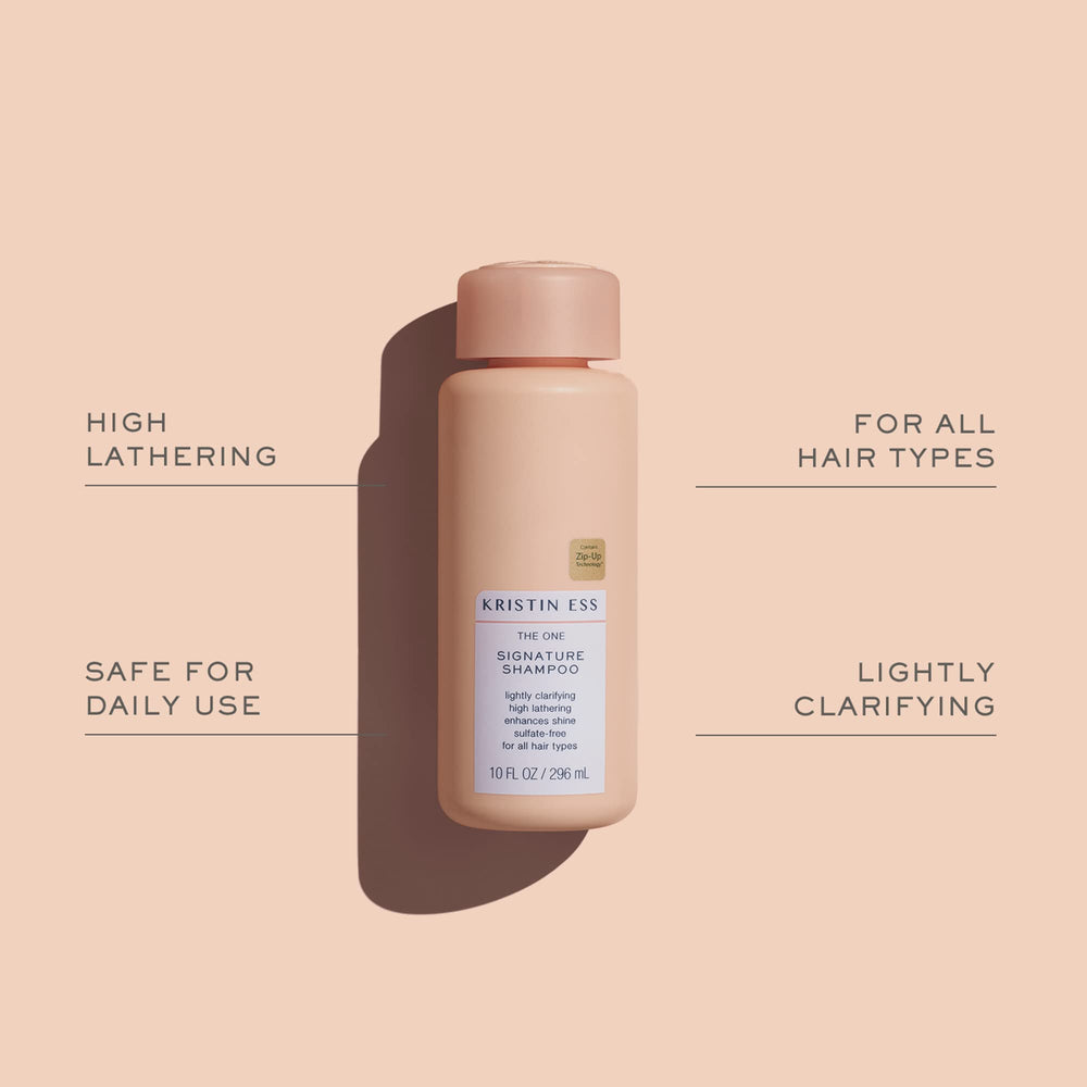 Kristin Ess Signature Shampoo pour demonstrates clarifying cleanse that preserves moisture.