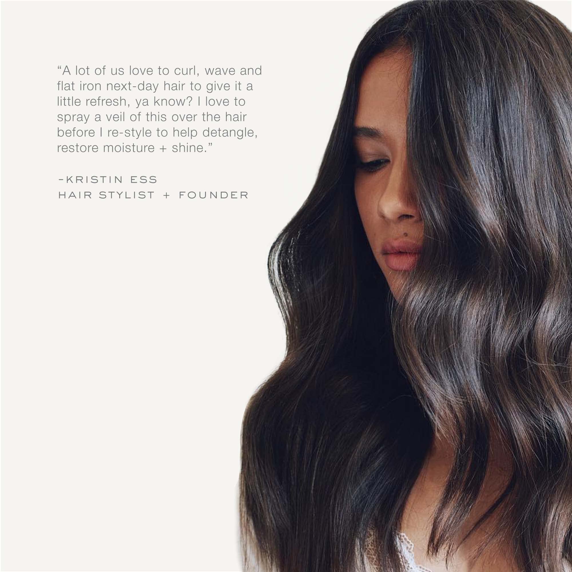Kristin Ess ultra-fine mist spray shown for lightweight detangling and refresh.