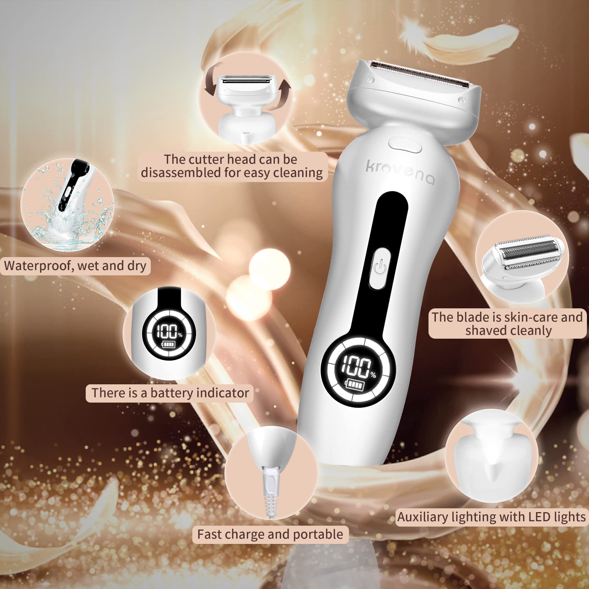 Krovena electric razor built in LED light illuminates grooming area