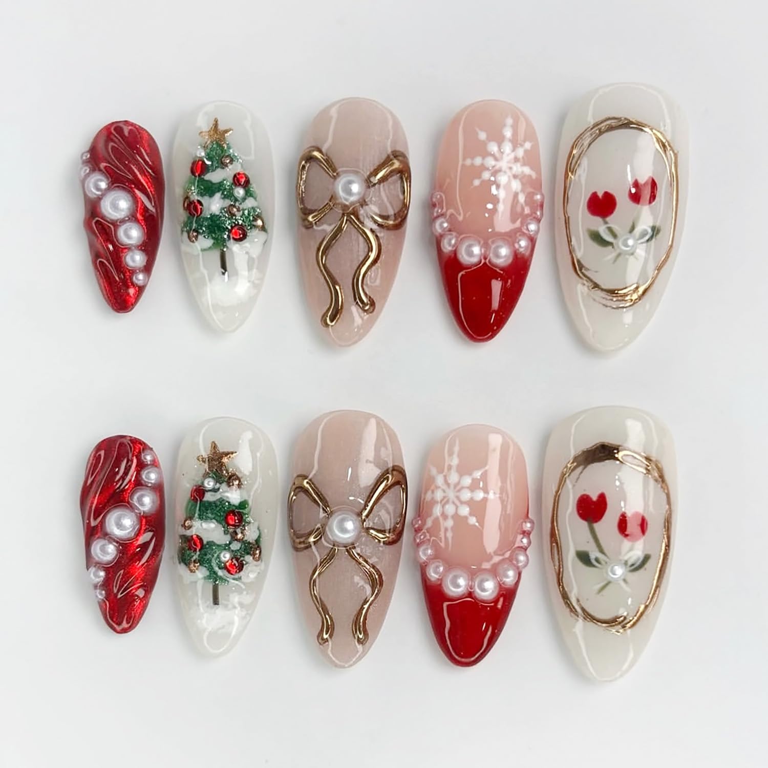 KRTBKR Christmas press-on nails with medium almond shape and red French tip for festive manicure convenience.