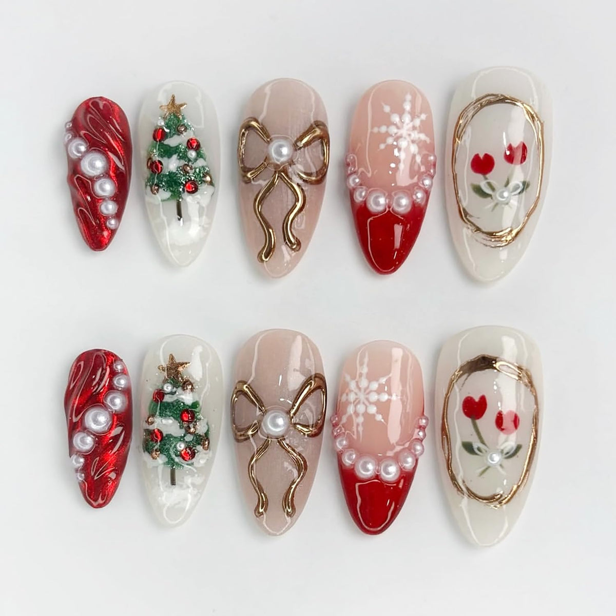 KRTBKR Christmas press-on nails with medium almond shape and red French tip for festive manicure convenience.