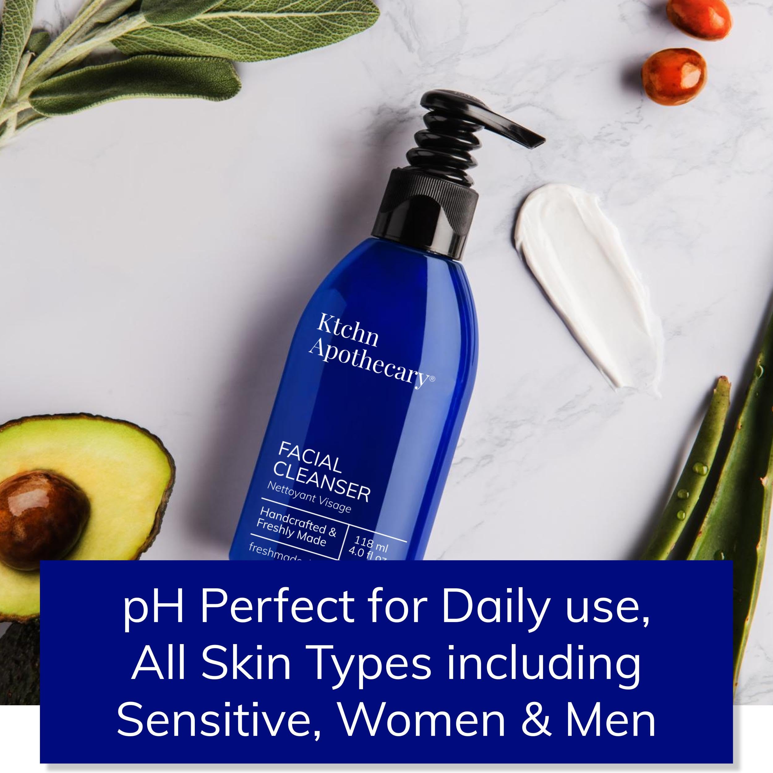 Ktchn Apothecary daily-nightly use scene shows non-drying formula suitable for all skin types.