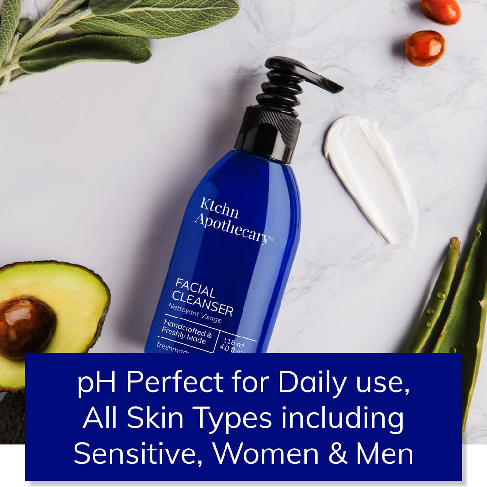 Ktchn Apothecary daily-nightly use scene shows non-drying formula suitable for all skin types.