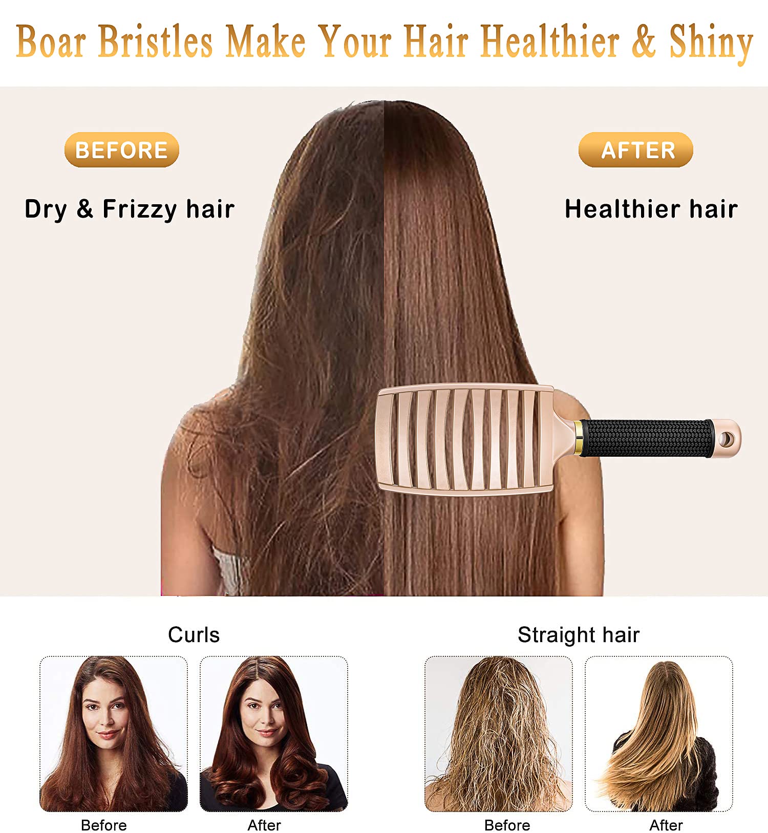 KTKUDY boar bristle detangler highlighting soft bristles distributing oils for natural shine.