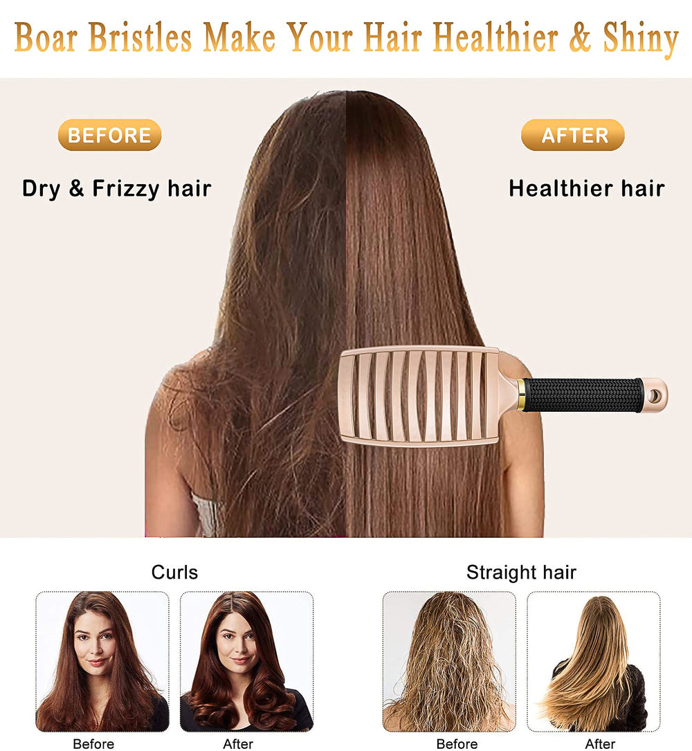 KTKUDY boar bristle detangler highlighting soft bristles distributing oils for natural shine.