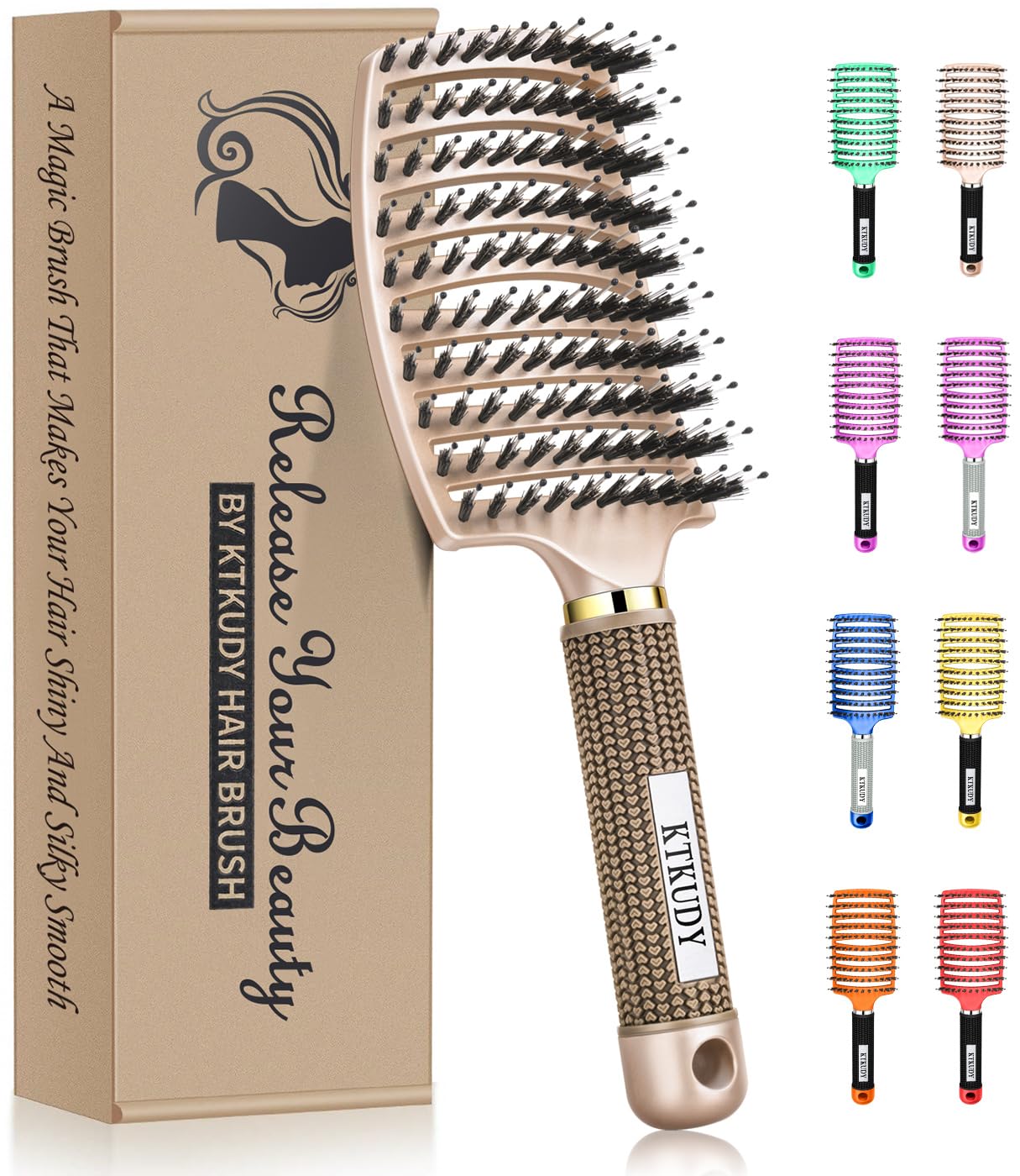 KTKUDY detangling brush closeup with boar bristles for gentle knot removal and smoother hair.