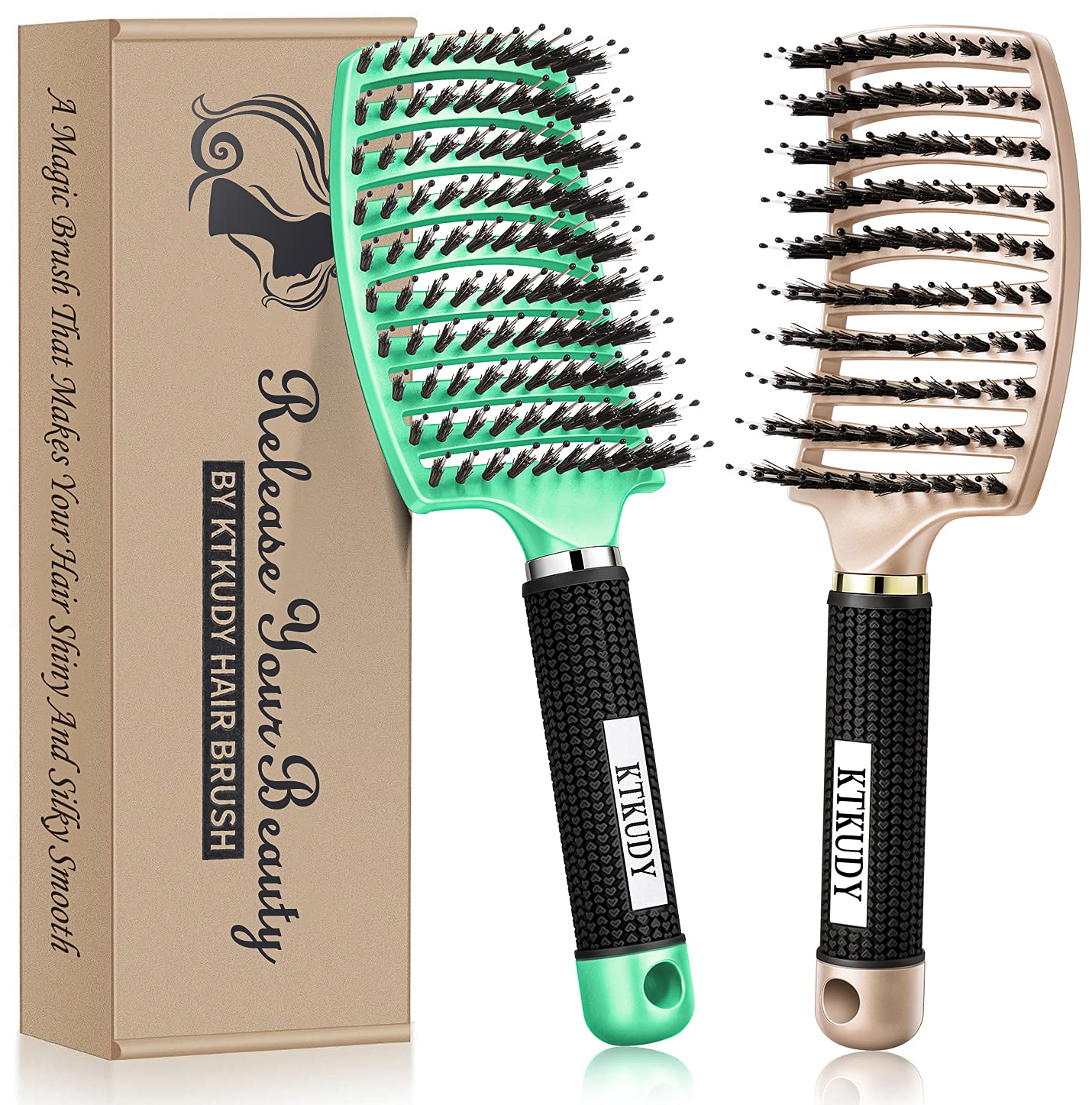 KTKUDY Detangling Brush boar bristles close-up for gentle knot removal.