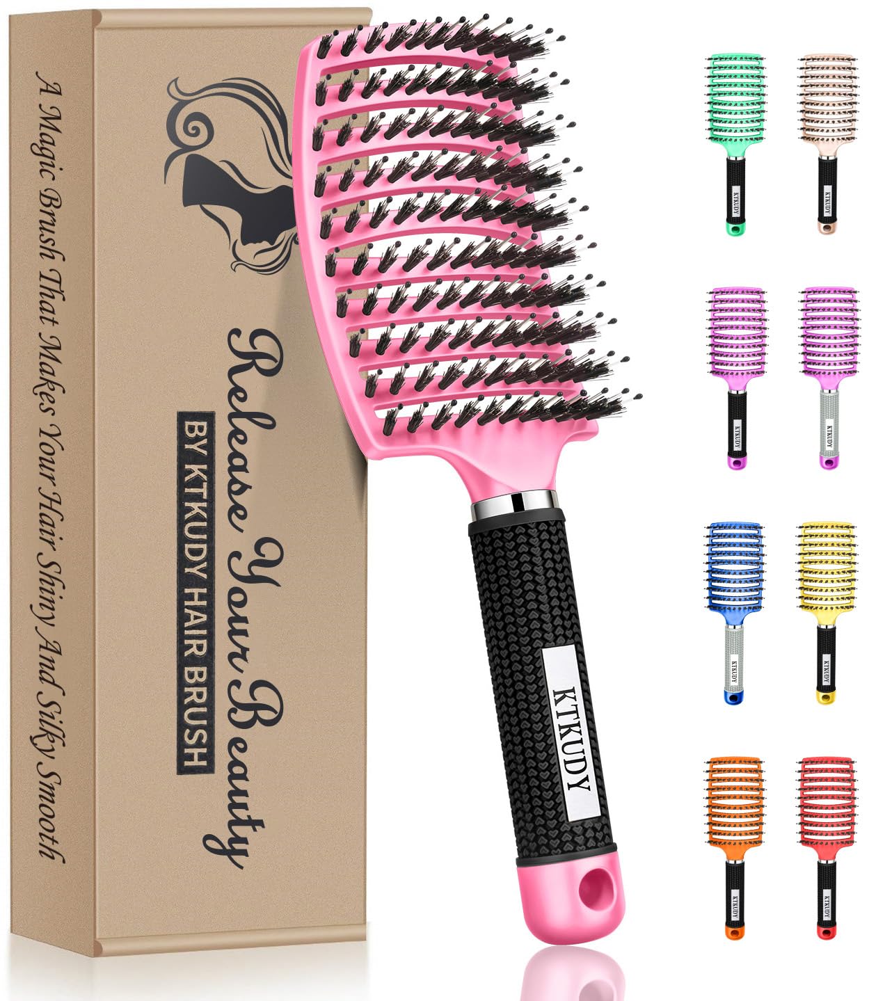 KTKUDY detangling brush closeup highlights boar bristles for smoother detangling.