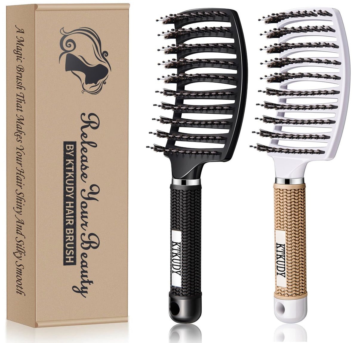 KTKUDY detangling brush curved design glides through knots for smooth hair.