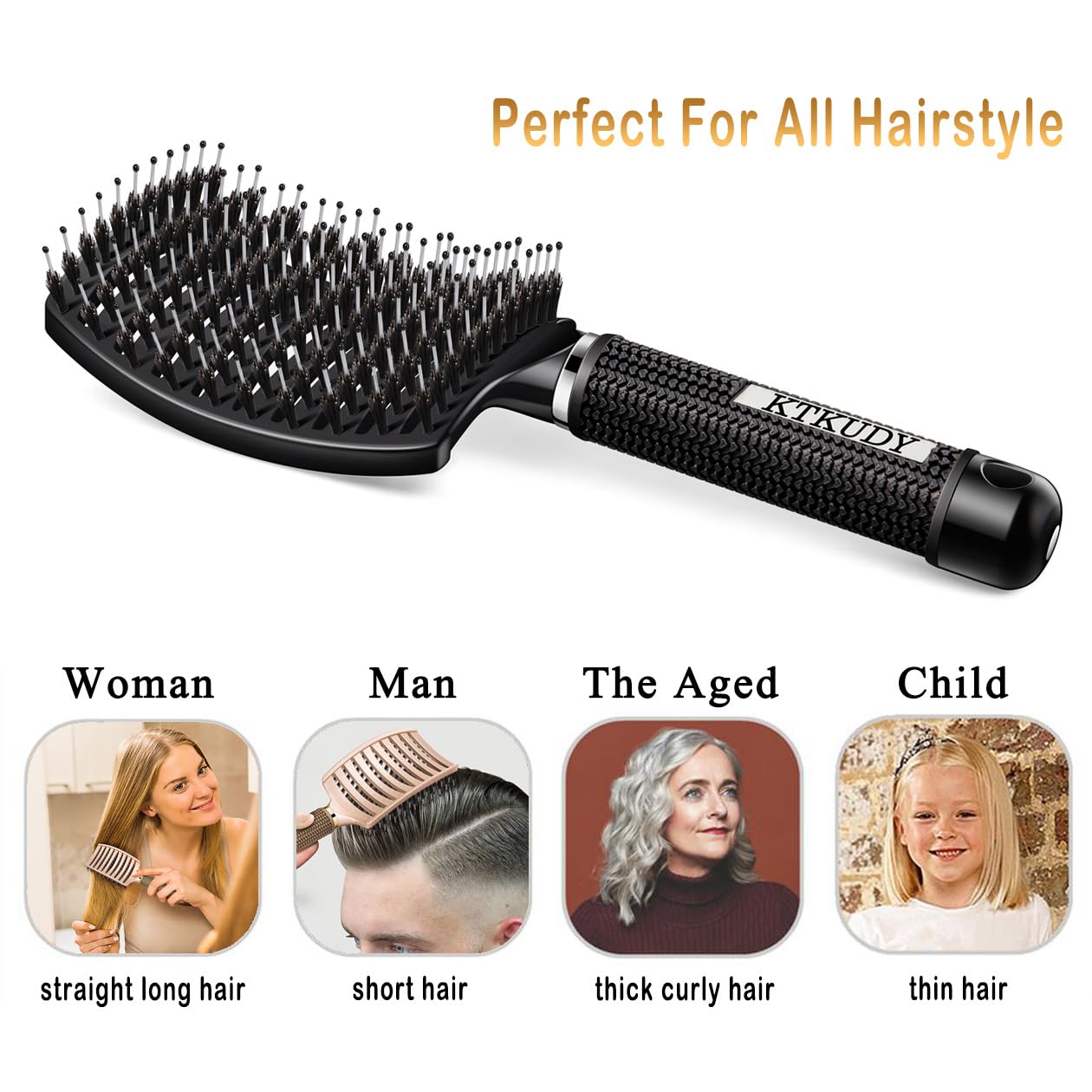 KTKUDY Detangling Brush in hand shows comfortable grip