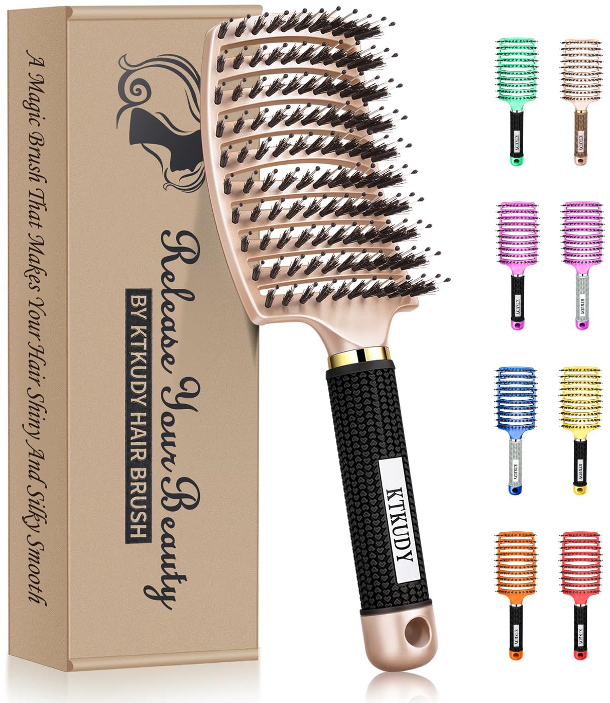 KTKUDY detangling brush close-up showing knots being combed out for smooth hair.