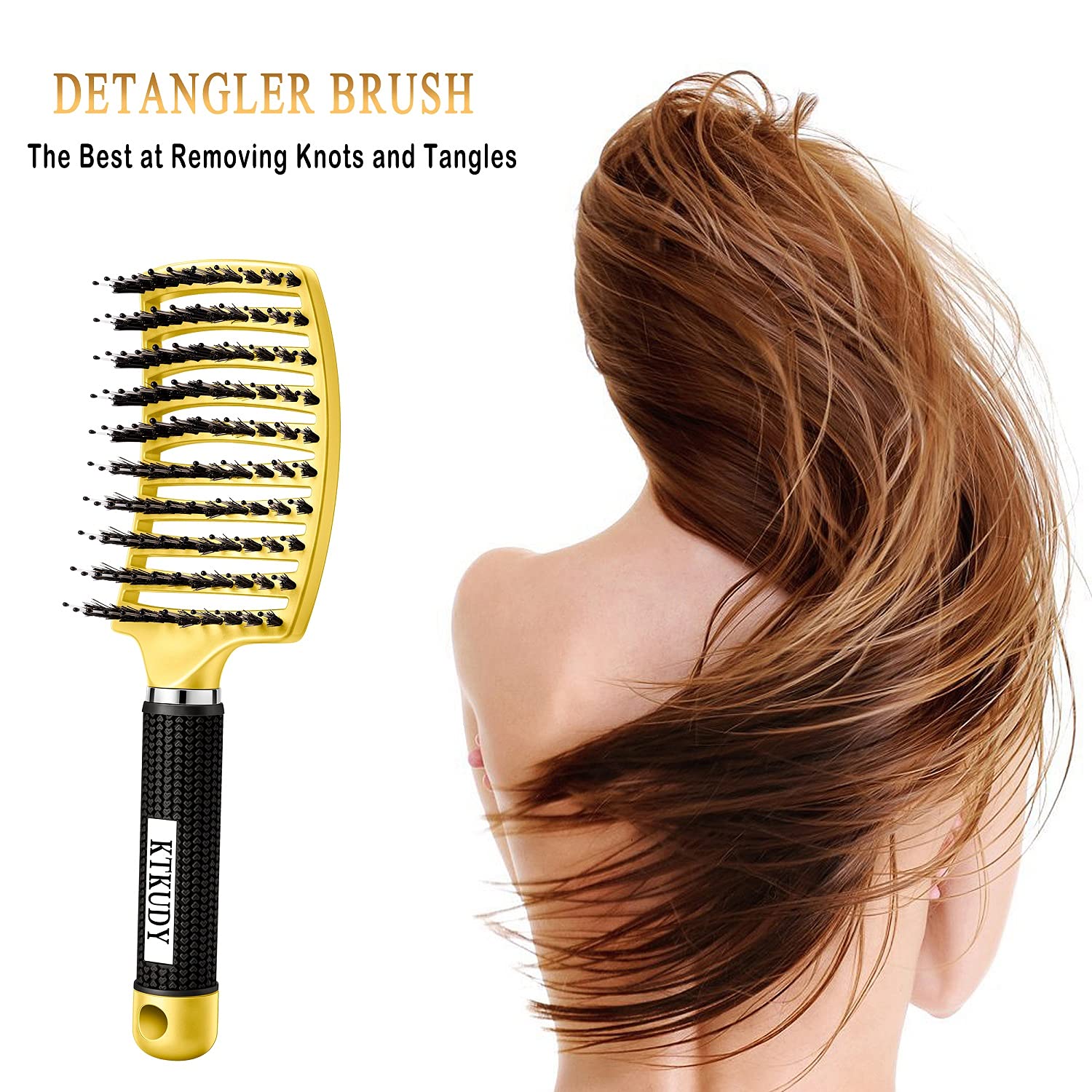 KTKUDY detangling brush close-up shows ultra-soft bristles minimize tugging