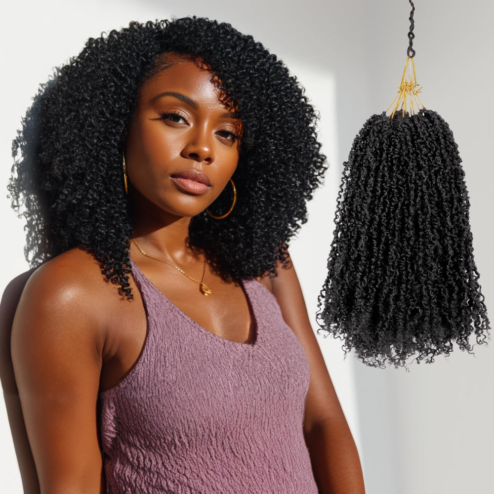 Kulayss 12in Yanky Twist crochet hair in natural black for protective style.